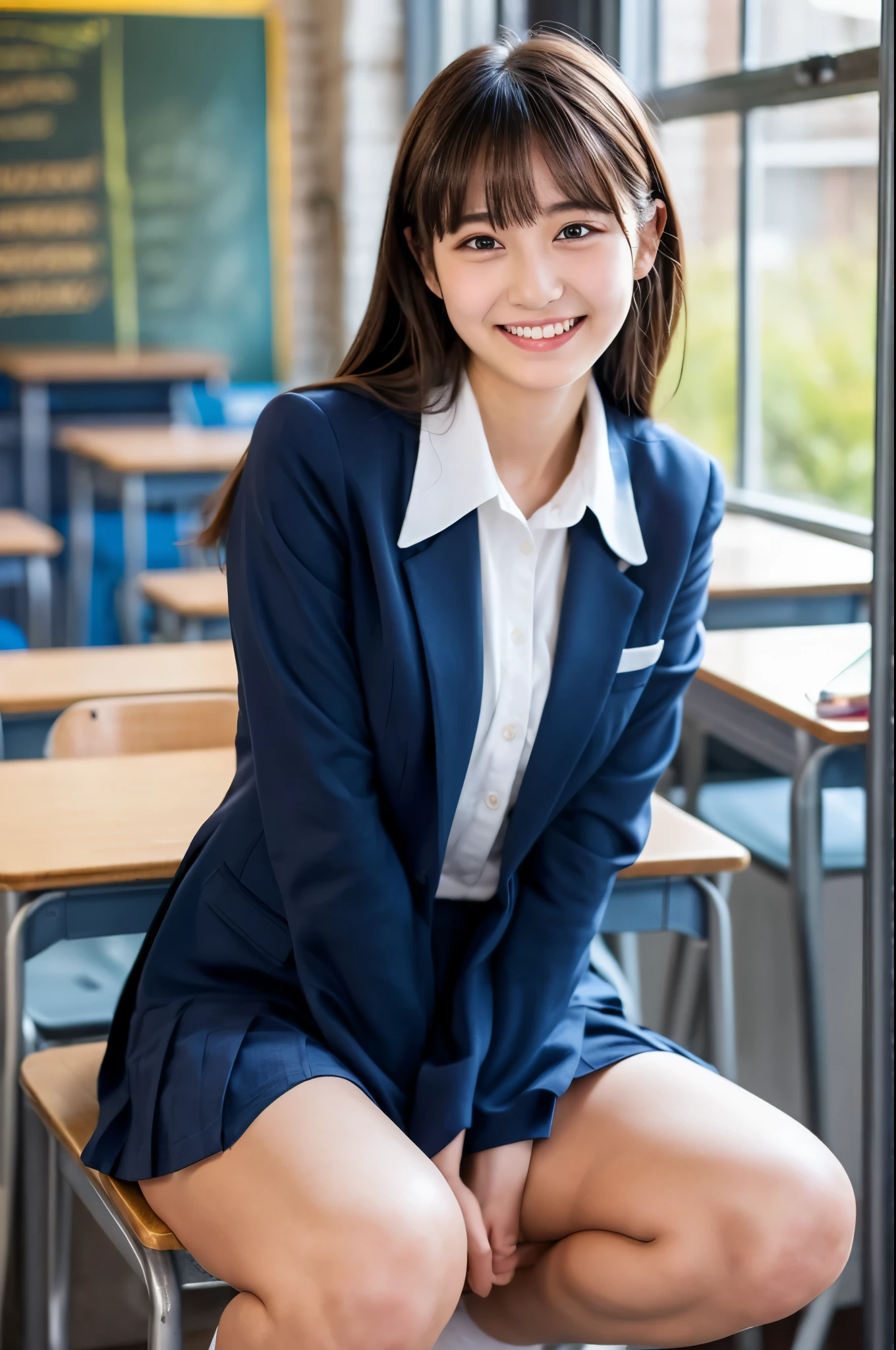 (full body)、((Highest quality)), ((masterpiece)), (Becoming closer), perfect face, , realistic, photo realistic, highly detailed face taken from n、beautiful woman under hoodie、 look embarrassed、( stares at the viewer) , full bodyショット , Stand up、semen、Wet Skin、 camel toe、 thighsの隙間、Girls line up in a school classroom,Navy Blue Blazer、 white long sleeve shirt, blue ribbon tie on school uniform , 18 years old,bangs, smiling slightly , thighs,Knee,from below,