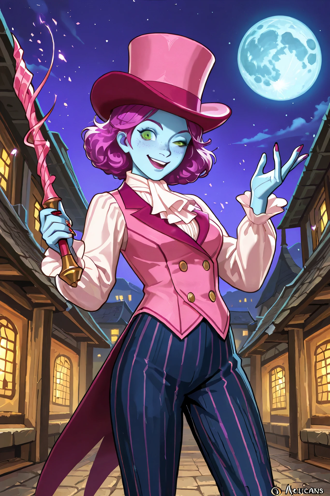 triton, solo, female, blue skin, lavender colored hair, freckles, (wearing a large pink silk top hat), green eyes, (wearing a pink vest), [[a ruffled colonial white shirt underneath the pink vest]], red colonial era cravat,  top hat fit snuggly, ((wearing violet colonial era pinstripe pants)), magicians attire, red painted fingernails, beautiful body, dazzling, graceful, smiling, flirting, holding a wooden magician's wand in her right hand, ((performing in a village square near the coast)), night scene,  colonial style buildings, full moon in sky, [[caviler era clothing, pirate era clothing]], dungeons and dragons, fantasy art, up, winking to viewer