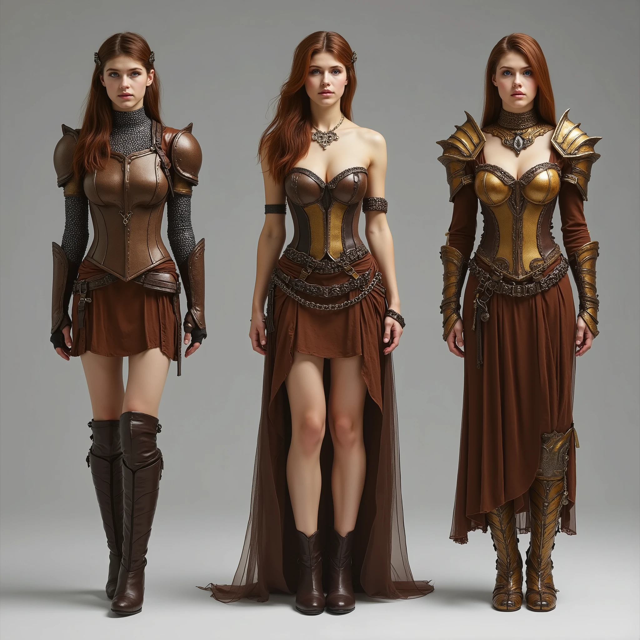 The same young girl is standing exactly full-length in an image in three different outfits, 1 type - robber leather armor, leather brown corset and leather miniskirt, brown heeled boots, shoulder pads, 2 type - bronze knight armor, bronze corset, бронзовые shoulder pads, bronze chain skirt, leather boots with bronze plates, 3 type gold women's armor and brown dress with a neckline, золотые shoulder pads и сапоги на каблуках с острыми носами, stands on a gray background .