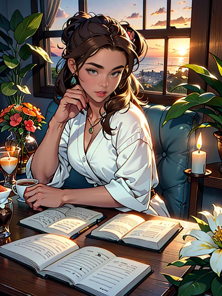 (Highest quality, masterpiece, Ultra-realistic), Beautiful and delicate１５Year-old girl portrait, With a calm and gentle expression, The background is a man studying hard at his desk in his bedroom at home.、Tube top、Bust is D cup、It&#39;s summer、The decorations are retro、Landscape、Holding a pen、I read a book、Glamour