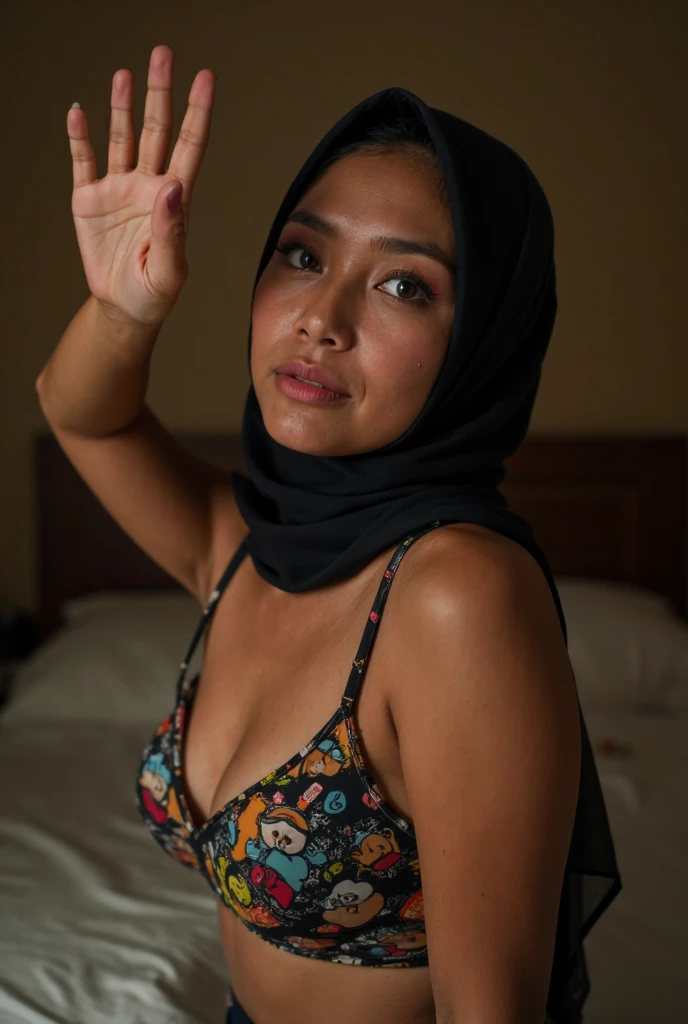 40D bra,1 matured malay girl in hijab wear wet lace bra and panties in a bedroom, nighttime, neon bedroom lights, upper body, close-up, seducing, sexy pose, mature plum body, (8k, RAW photo, best quality, masterpiece:1.2),(realistic, photo-realistic:1.37), big sagging breast,  POV, Par Lee Jeffries, Nikon D850, Photographie de film, camera f1.6 lentilles ,couleurs riches ,hyper realistic ,lifelike texture, dramatic lighting , Cinestill 800,