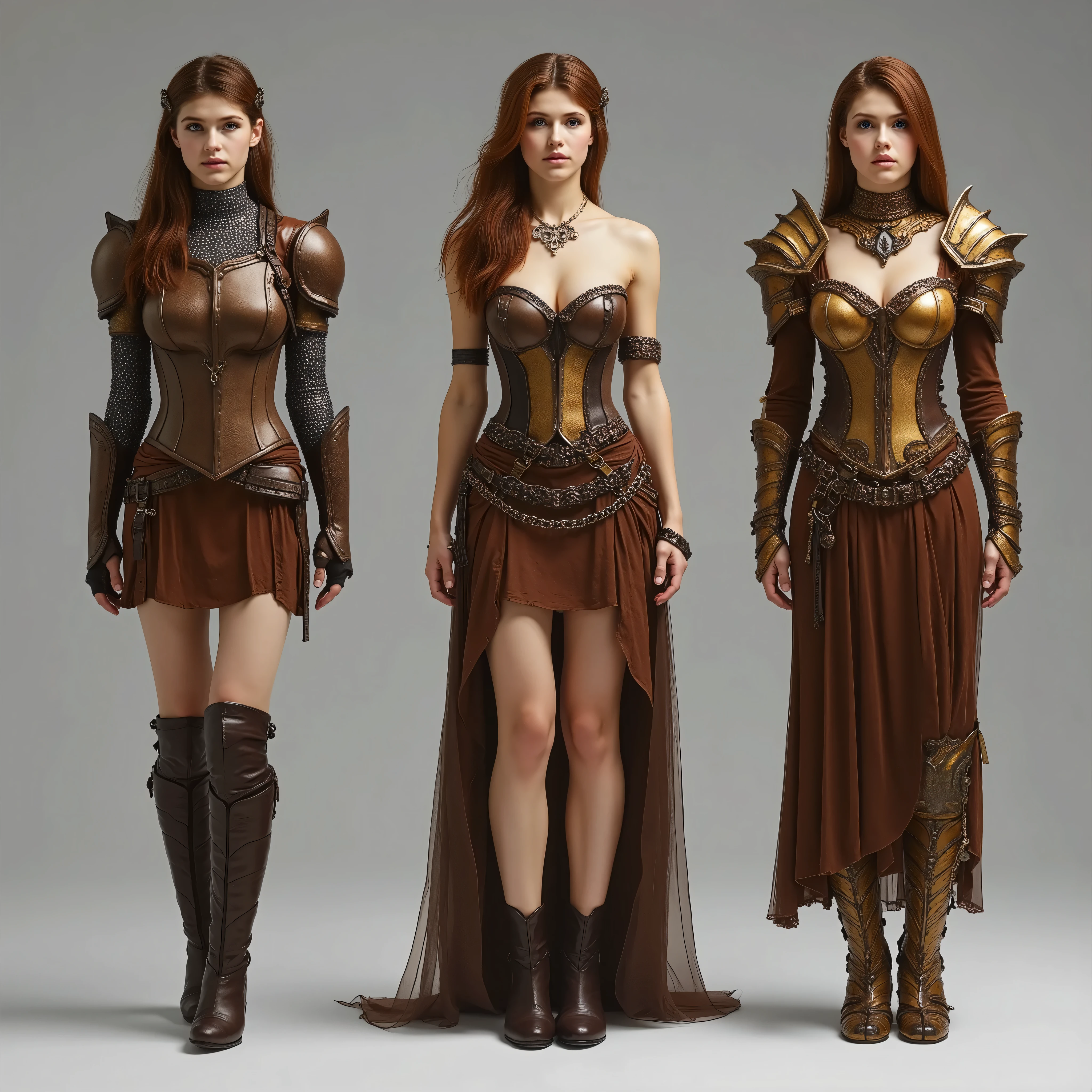 The same young girl is standing exactly full-length in an image in three different outfits, 1 type - robber leather armor, leather brown corset and leather miniskirt, brown heeled boots, shoulder pads, 2 type - bronze knight armor, bronze corset, бронзовые shoulder pads, bronze chain skirt, leather boots with bronze plates, 3 type gold women's armor and brown dress with a neckline, золотые shoulder pads и сапоги на каблуках с острыми носами, stands on a gray background .