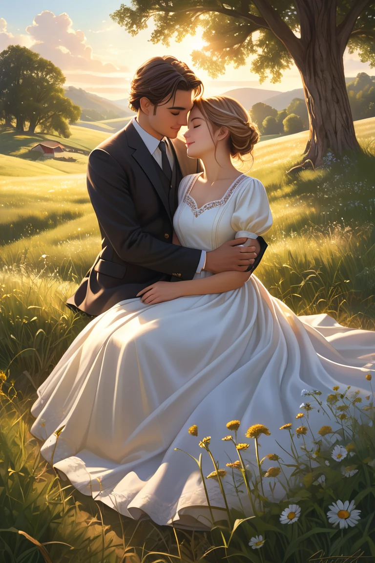 a couple, handsome men and beautiful woman, Embraced, in the grass, field, grass, cuddleso men, back to back, 4k, illustration, digital drawing, animification, gay, couple, illustrate
