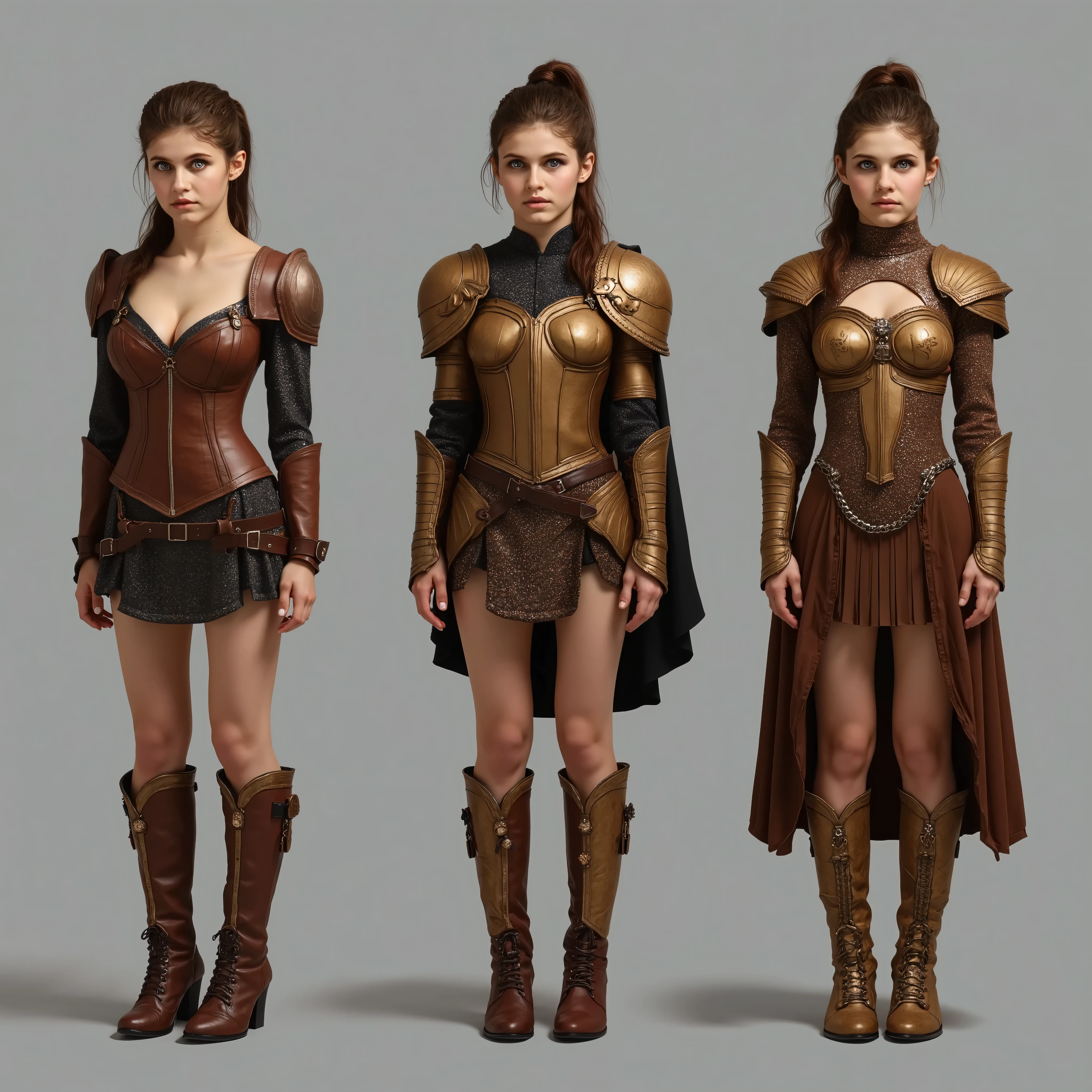 The same young girl is standing exactly full-length in an image in three different outfits, 1 type - robber leather armor, leather brown corset and leather miniskirt, brown heeled boots, shoulder pads, 2 type - bronze knight armor, bronze corset, бронзовые shoulder pads, bronze chain skirt, leather boots with bronze plates, 3 type gold women's armor and brown dress with a neckline, золотые shoulder pads и сапоги на каблуках с острыми носами, stands on a gray background .