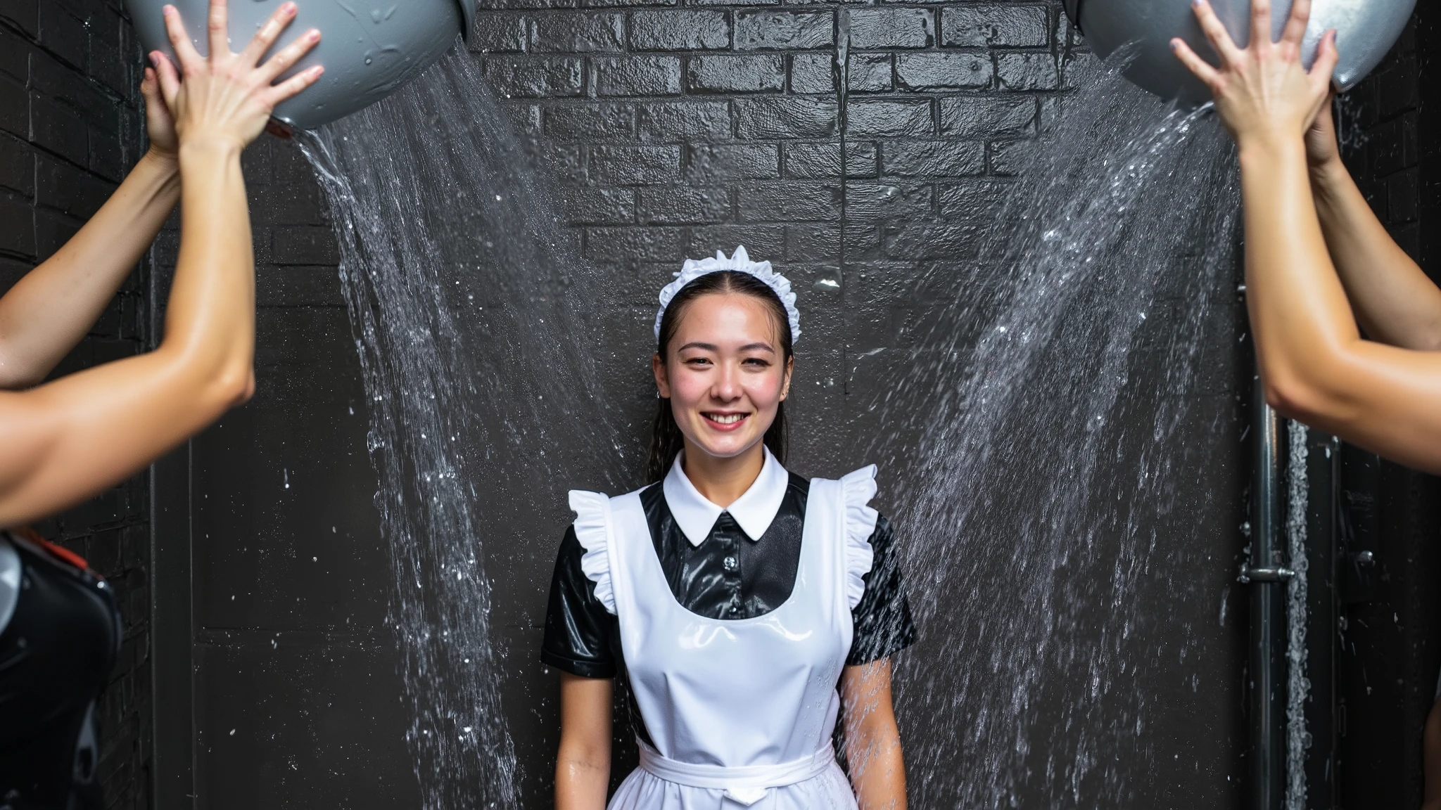 A beautiful young Japanese woman wearing a maid outfit stands in front of a dark-coloured brick wall as several other women throw water in her face from buckets, completely soaking her.