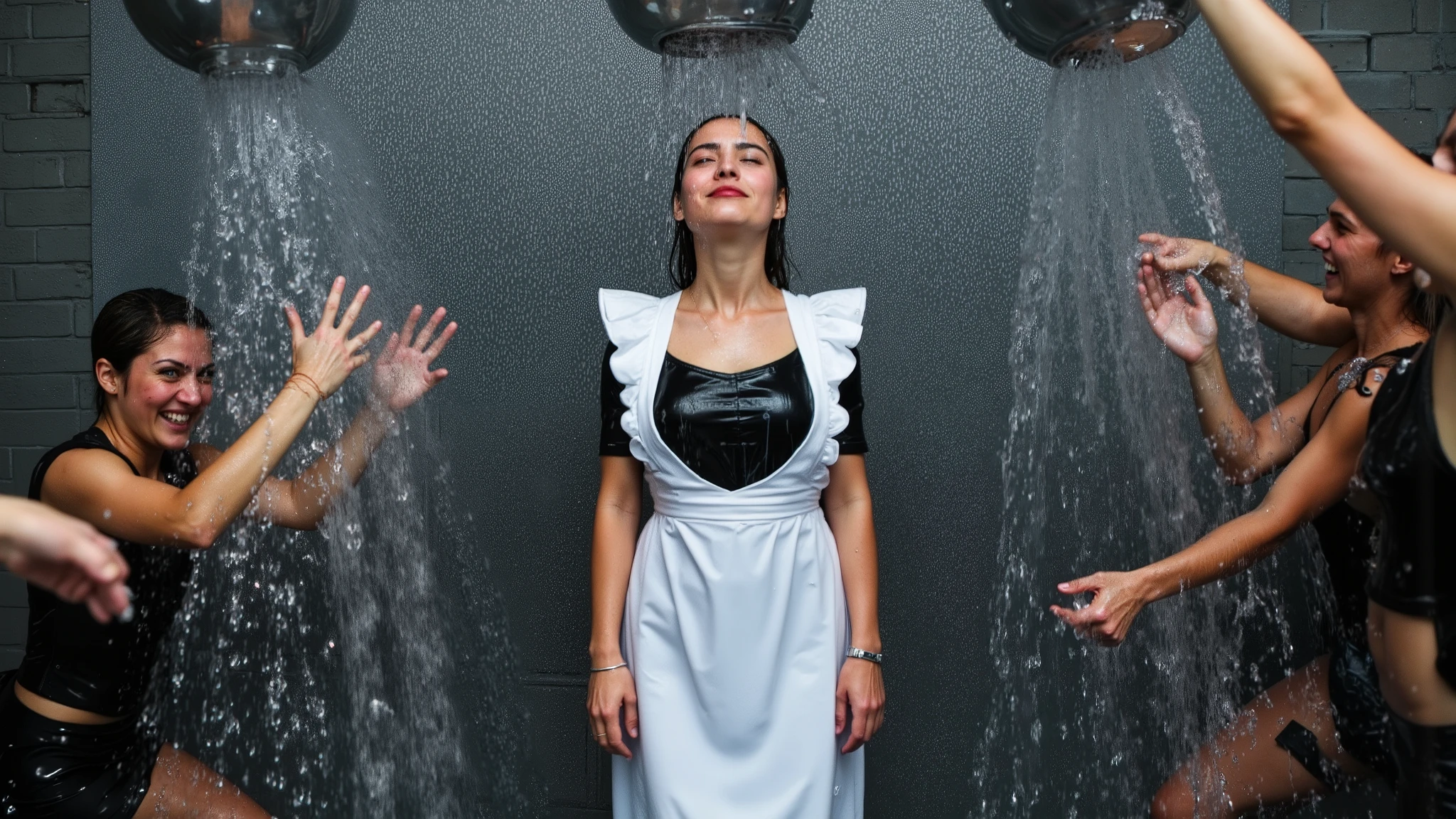 A beautiful young Japanese woman wearing a maid outfit stands in front of a dark-coloured brick wall as several other women throw water in her face from buckets, completely soaking her.