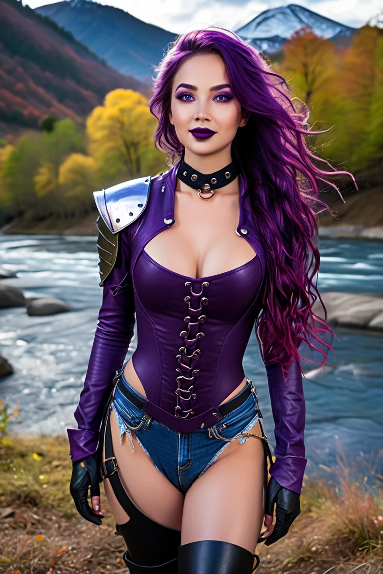 Alissa White-Gluz wearing sexy metal rock style clothes with dark lipstick and smiling