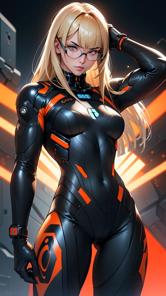 Beautiful 18yr old cybernetic girl detailed muscles realistic masterpieces full figure pose (best quality,ultra-detailed), straight blonde hair, glasses, fair skin, fit body, slim figure, narrow waist, (cocky expression), black carbon fiber cybernetic mobile combat suit, dynamic pose