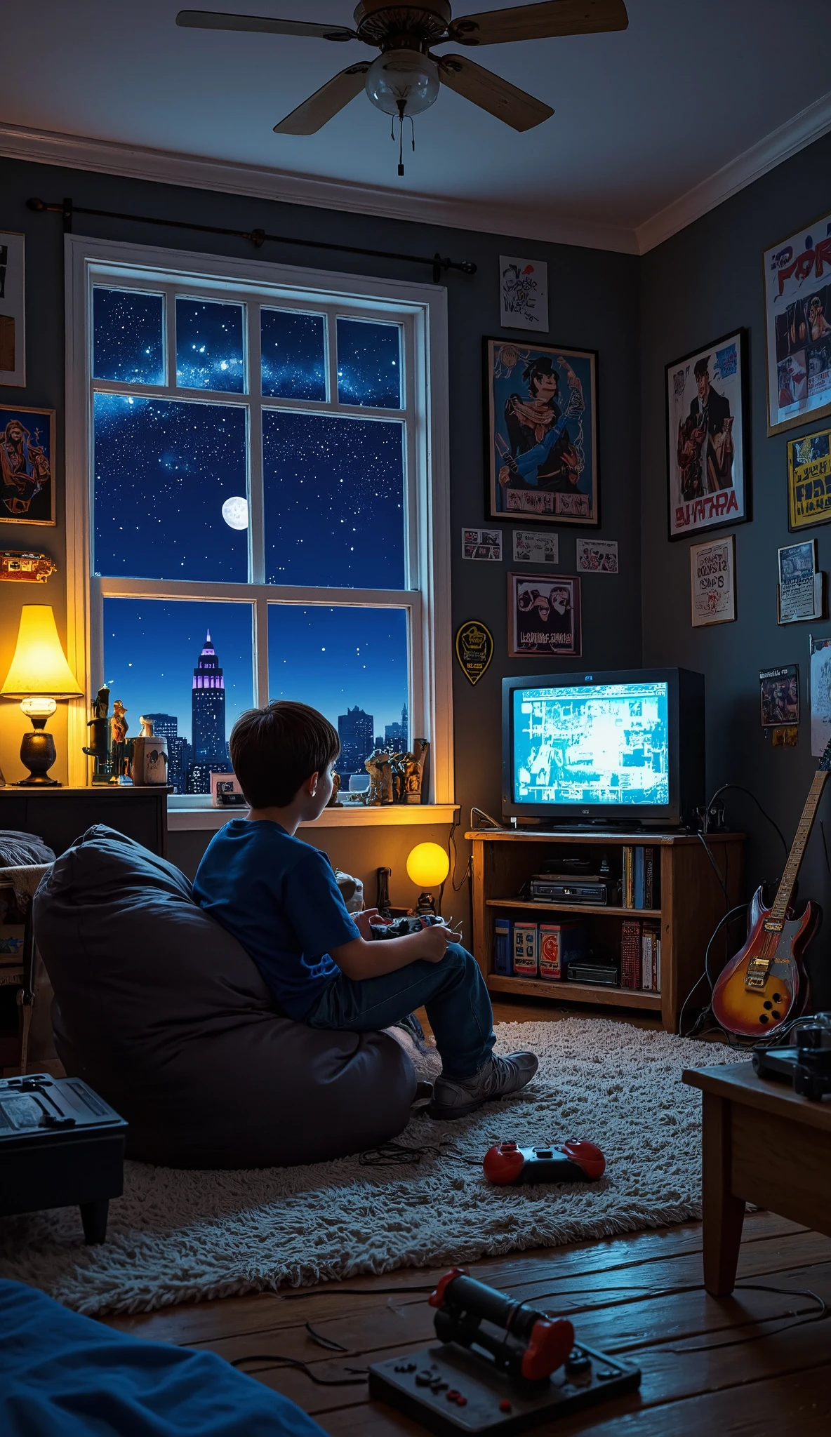 "A nostalgic and cozy black ager's bedroom from the 90s, transformed into a rock and roll paradise. A window shows a clear night sky, with stars twinkling and a soft moonlight illuminating the room. The room is dimly lit, mainly by the soft glow of the old TV screen and the faint moonlight from the window.
In the center of the room, a boy is sitting on a comfortable beanbag, playing video games. He holds a classic '90s game controller with thick wires connected to an old console on a wooden shelf. The TV screen displays pixelated graphics from an adventure or platform game.
The room is filled with nostalgic details, now infused with '90s rock'roll elements: posters of '90s rock bands on the walls, a shelf with VHS tapes, video games, and cassettes, a shag rug on the floor, a lava lamp in a corner, and old toys scattered around the room, like a Game Boy, a Tamagotchi, and action figures, alongside rock and roll memorabilia like guitar picks, band patches. and miniature amplifiers.
The color palette is soft and nostalgic, with deep blues and grays from the night sky, and warm yellow and orange tones from the TV and lamp light. The lighting is soft and diffuse, creating a warm and inviting atmosphere. Style: pixel art, vintage or photorealistic illustration. First-person perspective."
