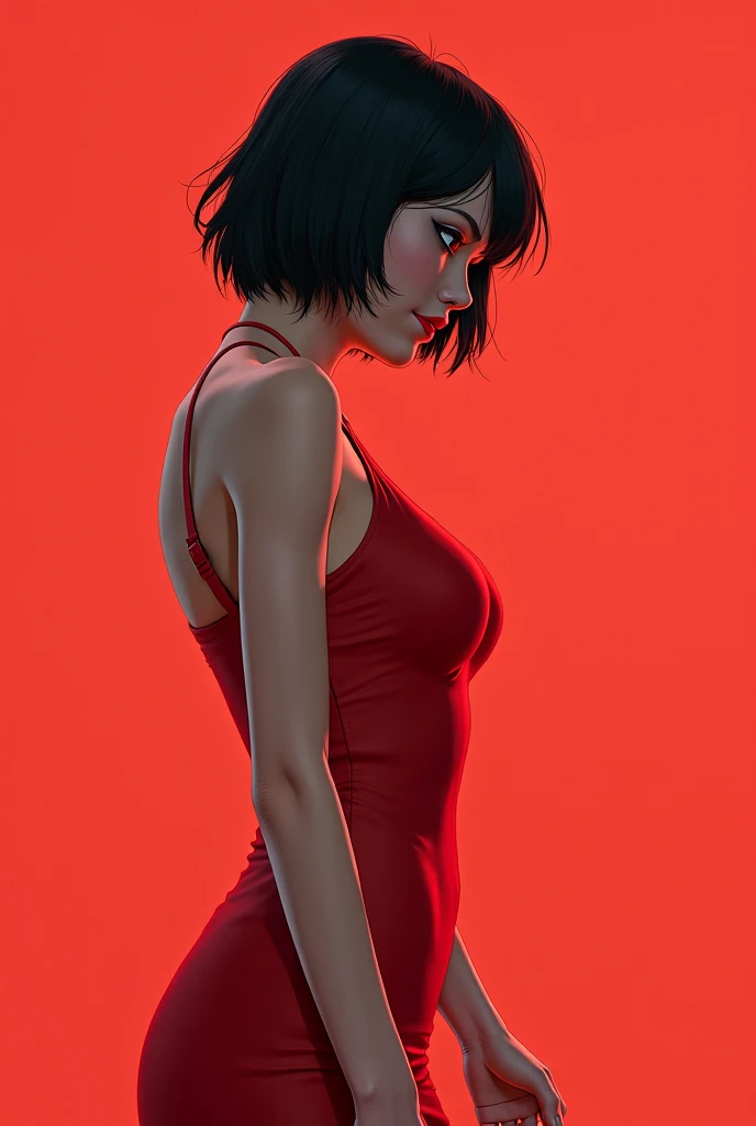 high detailing、Edge Detection、sharpness、High contrast、Highlight、photoRealstic、cinematiclight、８K、Bright red background、Red gradient background、gradients、Girl with dark skin、Fat girl、beautiful  Girl、Plump body、Black Dress、Bright red lipstick、Bright red eyeshadow、Red Eyes、Dark hair、short-hair、Bery short hair