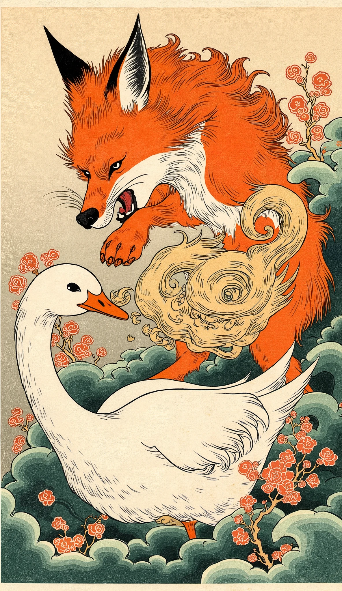 an ukiyo-e depiction of a god orange fox fighting against a god white swan. both animals have japanese motif of curly cloud swirling on their body.