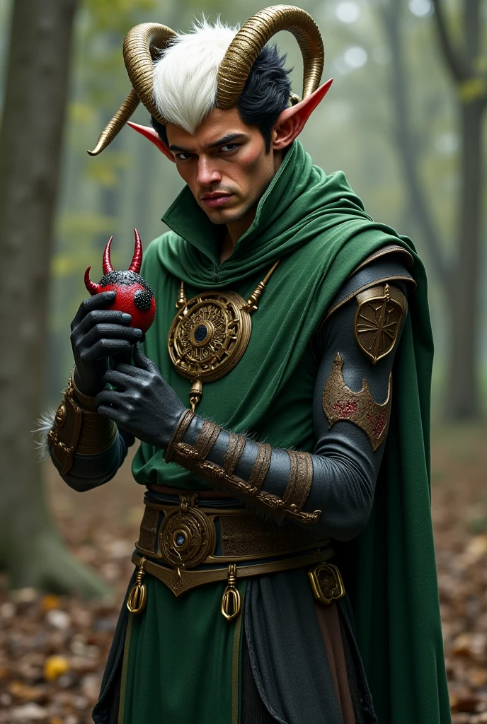 An elf sorcerer with green hair, golden eyes, holding a smiling skull with a fireplace behind him