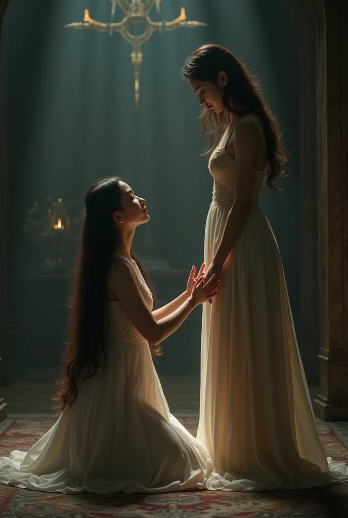 Two small fallen queens sitting inside a tarot card frame, wearing moon-themed dresses. They are facing each other and holding hands. The women are small enough to fit entirely within the frame. The scene has a decayed atmosphere reminiscent of Elden Ring. The background features an impressive and prominent moon, along with the ruins of a temple. Detailed and intricate design for the tarot card frame.
