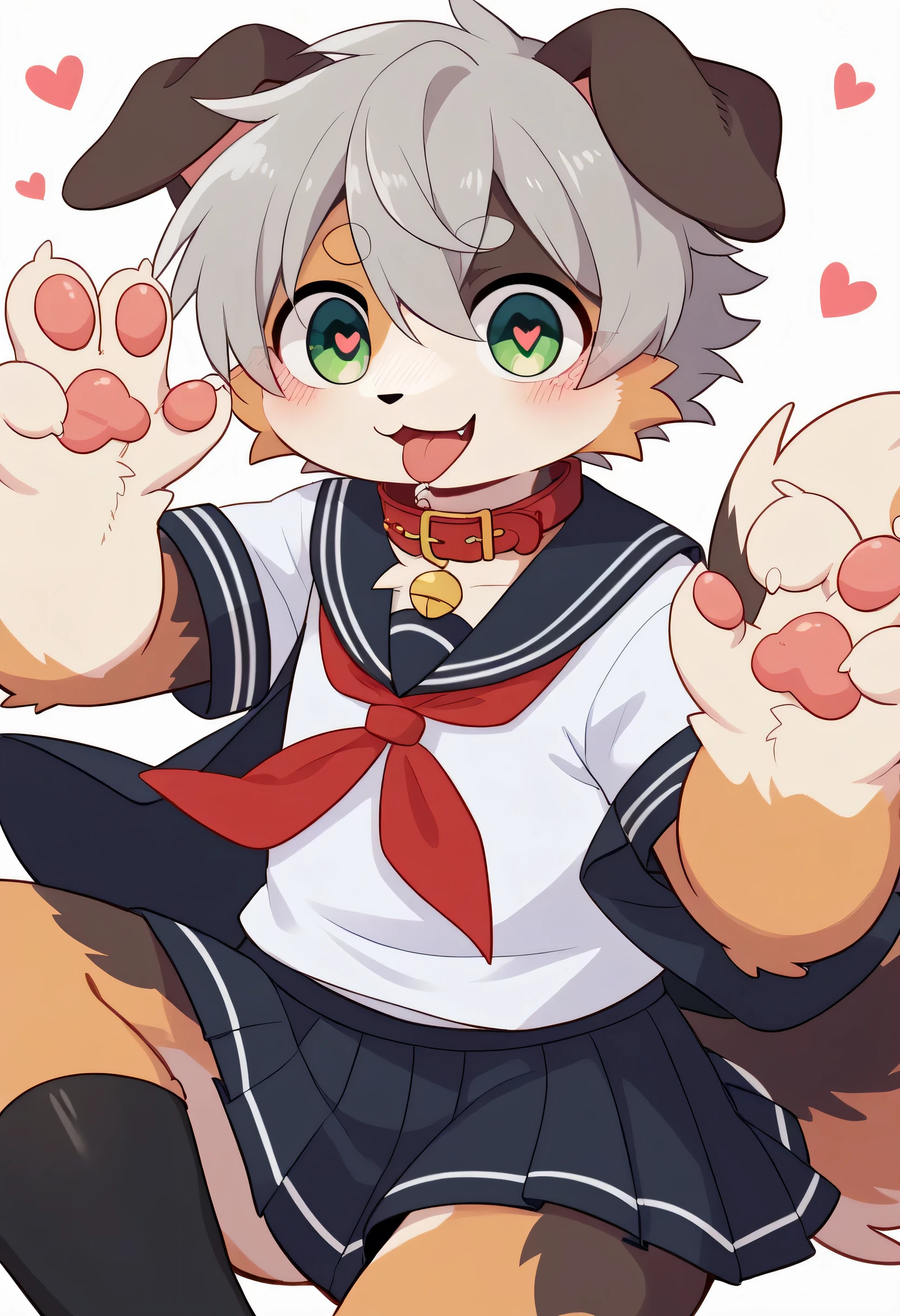 very detailedな, very detailed, Australian shepherd fur ,,gray hair,male, master sticking out his tongue ,Australian shepherd fur, excited,Participation, cute face , Show me your legs ,Horny maleの子, red collar on the floor,Cute ears ,Fluffy ears ,Fluffy ears , Show me your legs , Show me a cat's hand , 手に red collar on the floorと紐を持っている, cute fur maleの子 , maleの子, heart eye ,Horny maleの子 , Black Back , white background, blush nose , alone, droopy ears, Black school uniform