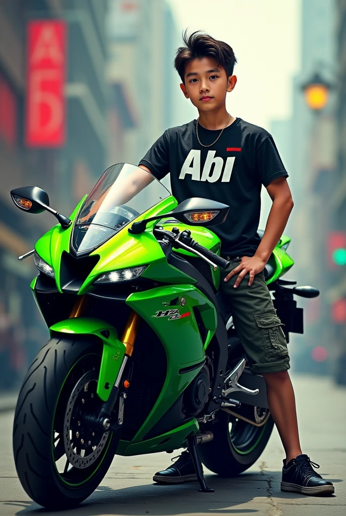 a boy standing next to a motorcycle Kawasaki Ninja ZX-10R in the street, ???, screensaver, little ???, fully functional, caio santos, nigth, by Ivan Ranger, by Nándor Katona, motorcycle, riding motorcycle, jose miguel roman frances, john jude palencar, full protrait, andrea rocha