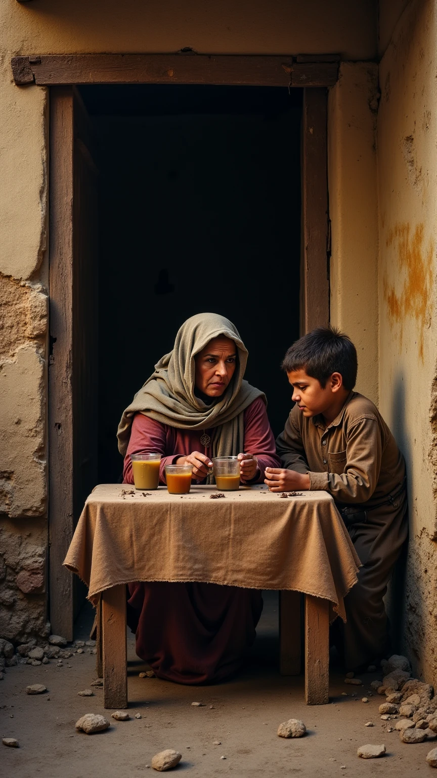 Create an image of a poor family of a mother, a 25 year old son, another son 15 years old drinking coffee at a poor table