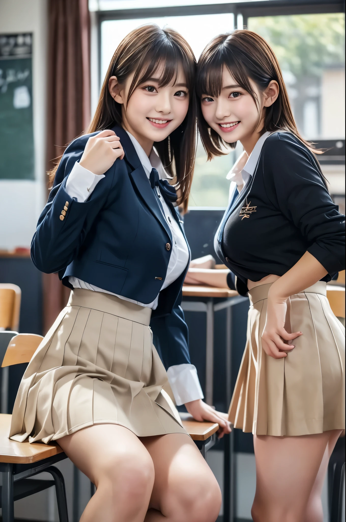 ((masterpiece))、((Highest quality))、photograph、reality、High resolution、Advanced Depth of Field、become close、Realistic lighting、Delicate facial features、Realistic Background、(The whole body is shown:1.2)、(Looking at me with a smile:1.3)、(Big Breasts:1.2)、(Erect nipples:1.2)、(Slender:1.5)、(Thin and beautiful legs:1.5)、(Narrow waist:1.5)、(The background is an empty room:1.2)、(Looking at me with a smile:1.5)、(Three Girls:1.5)、(They look friendly in the photo.:1.5)、(Tight business shirt:1.5)、(Short pleated skirt:1.5)、(A bow tie:1.5)、(blazer:1.5)、(Girls in their early s:1.5)、(face:1.5)、(Primary school students:1.5)