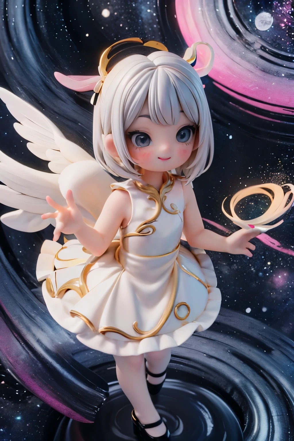 A whimsical cherub soars across the velvety night sky, eyes aglow like tiny diamonds. Her petite form is framed by a halo of white hair, adorned with colorful hairbows. The gaze is intense, with smoky eye makeup that seems to hold secrets of the cosmos. Blush cheeks add a touch of innocence to her enchanting face. A moon-themed gown drapes elegantly around her body, paired with sheer white hosiery and patent leather pumps that sparkle like stars. As she poses dynamically against the starry backdrop, the camera captures the scene from a low angle, emphasizing the footwear's allure. The atmosphere is surreal, bathed in an ethereal glow, as if the very fabric of reality has been woven into this fantastical tapestry.