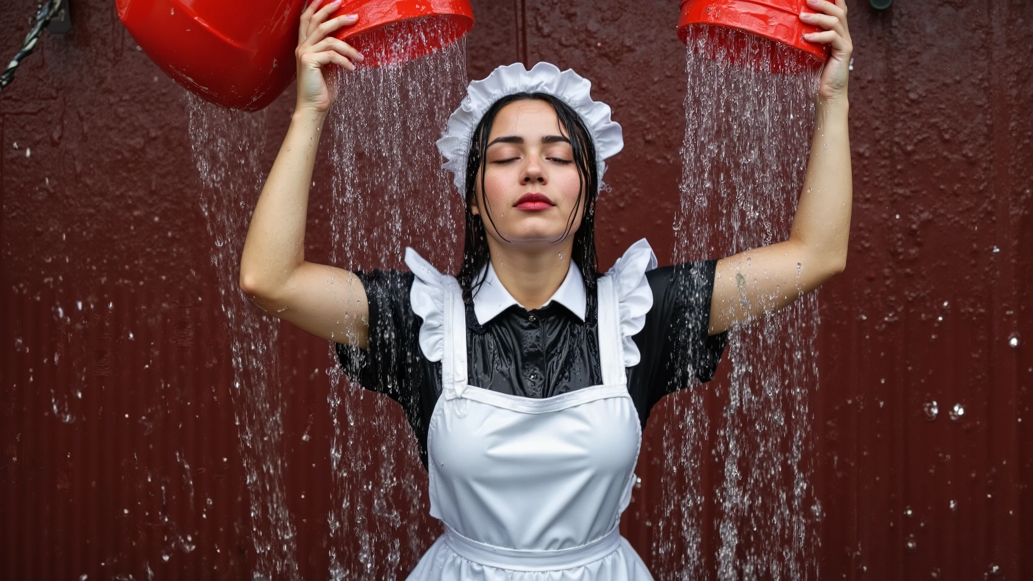 A close-up headshot of a beautiful young Japanese woman wearing a maid outfit standing in front of a dark red brick wall as water is throw into her face from buckets, completely soaking her.