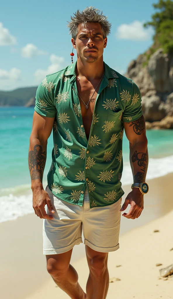 A handsome muscular man, solo, extremely perfect facial features, (face: Matthew Daddario), gorgeous, beautiful, wet, perfect eyes, sexy gaze, looking at the viewers romantically, perfect body, smooth skin, wearing ((sandy print shirt and black pants), bulge:1.2), in a desert, sand all around, a sexy posture, model pose, moaning with pleasure, His (toned physique:1.5) is bathed in the soft glow, and a hot glow in his skin, creating an otherworldly aura. tanned skin, full body view,
