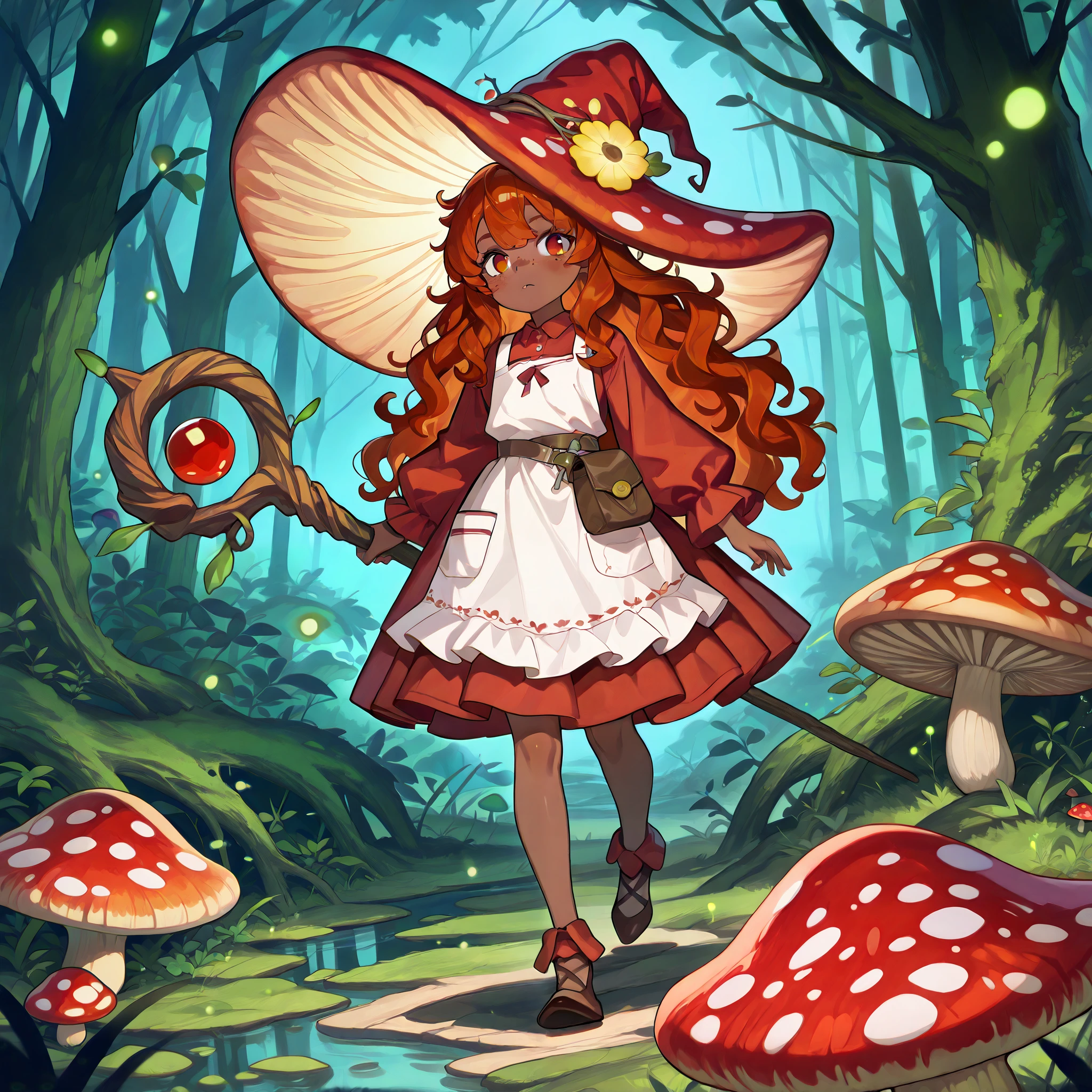 a Fungi Witch with tanned dark skin covered with freckles. She has yellow/scarlet eyes. She has loose ginger red wavy hair, long to her feet. Per witch dressing set: She wears swampy green medieval dress and an apron with two pockets. she wearing a potion belt. There is a bag over her shoulder with healing herbs sticking out of it. She has brown pointy witch's shoes. She wears a red fly Agaric hat on her head. In her hand she holds a staff in the shape of a tree branch overgrown with moss. she slowly walking in the mushroom grove where big mushroom-trees grow everywhere around the blooming swamp, fireflies are flying in the air.