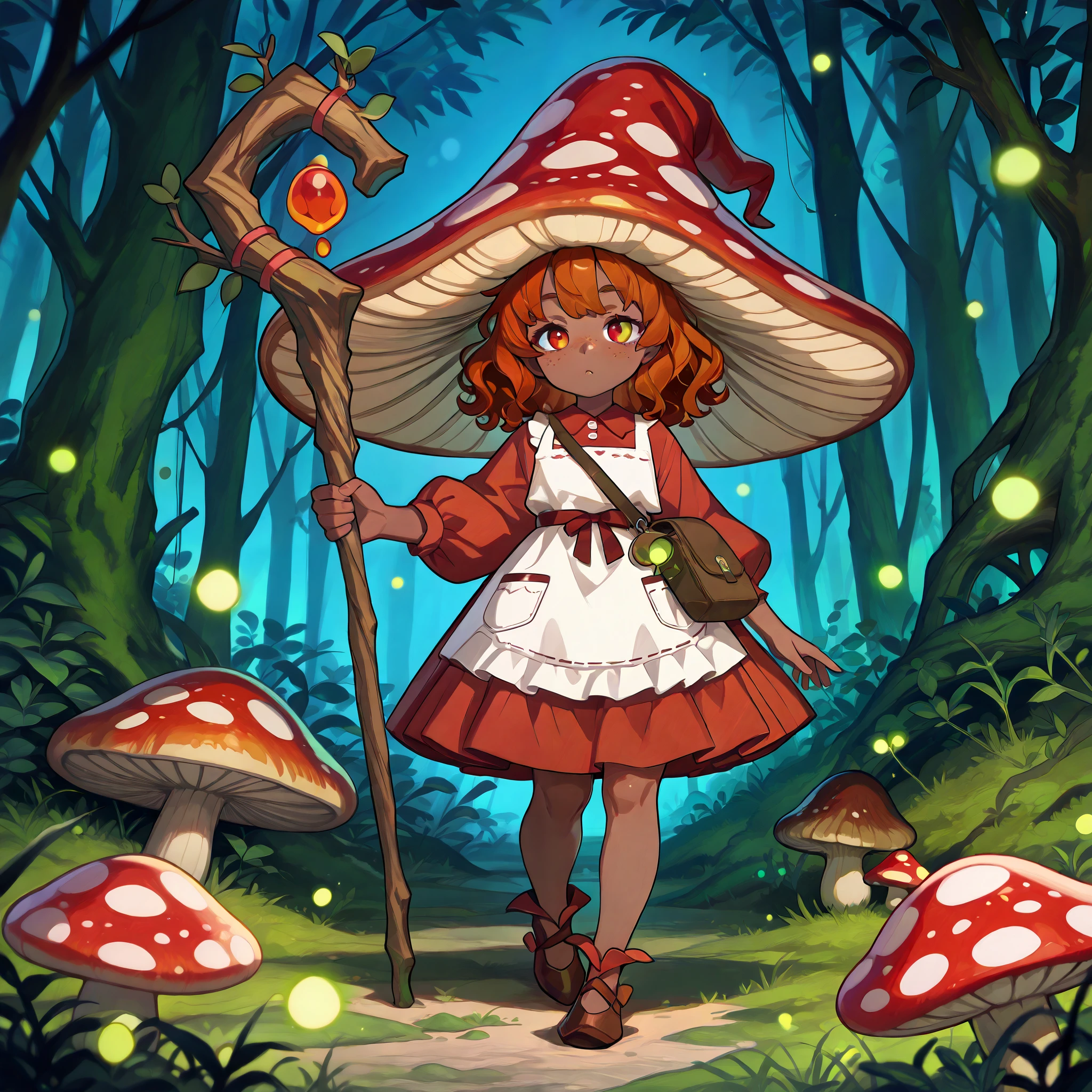 a Fungi Witch with tanned dark skin covered with freckles. She has yellow/scarlet eyes. She has loose ginger red wavy hair, long to her feet. Per witch dressing set: She wears swampy green medieval dress and an apron with two pockets. she wearing a potion belt. There is a bag over her shoulder with healing herbs sticking out of it. She has brown pointy witch's shoes. She wears a red fly Agaric hat on her head. In her hand she holds a staff in the shape of a tree branch overgrown with moss. she slowly walking in the mushroom grove where big mushroom-trees grow everywhere around the blooming swamp, fireflies are flying in the air.