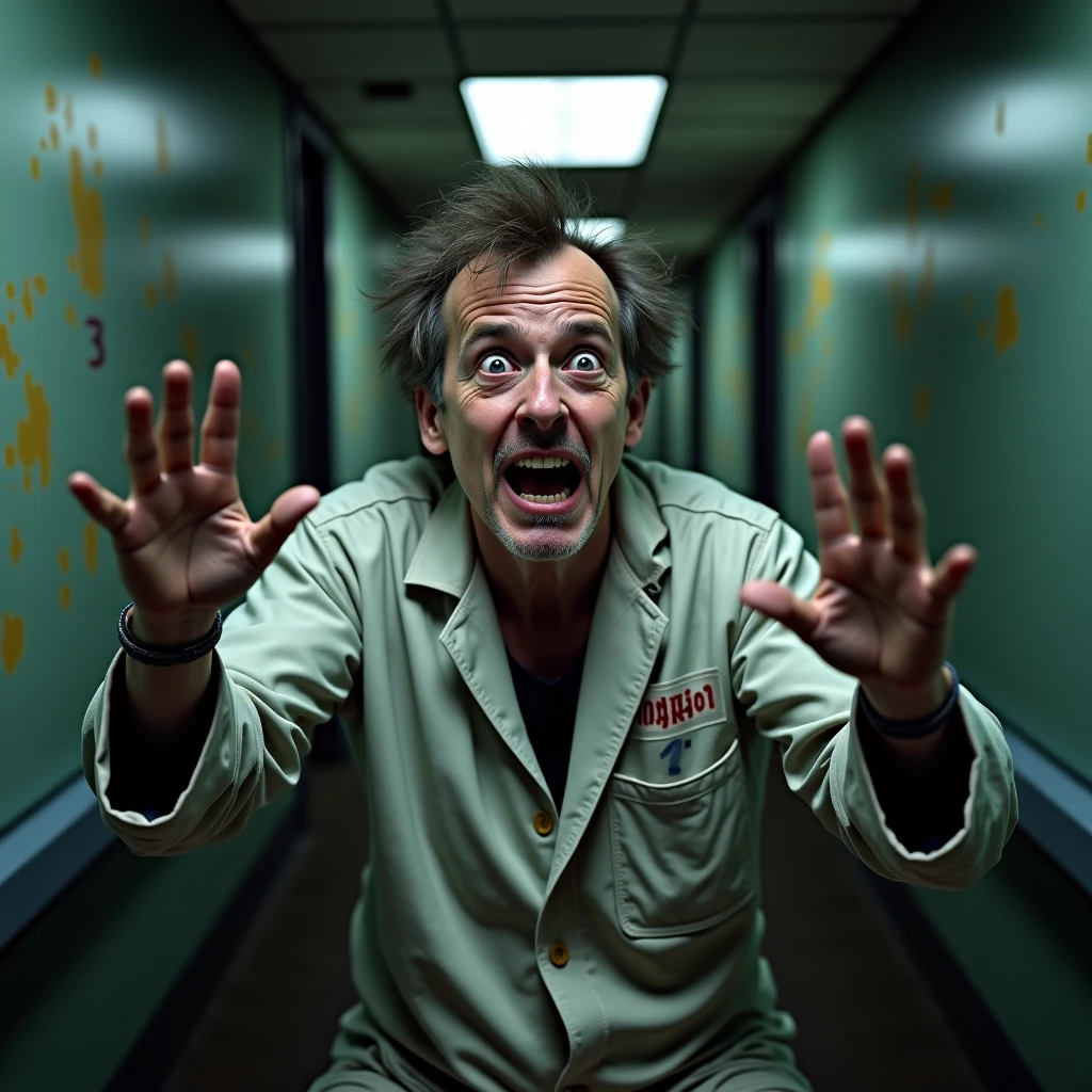 fish-eye close up portrait, Bill Murray Ghostbusters screaming, backpack with electronics and logo, hands up, hyperrealism, intricate, masterpiece, 8k, sharp, high detail, Dramatic light, shadow, contrast, background haunted house,brown eyes,