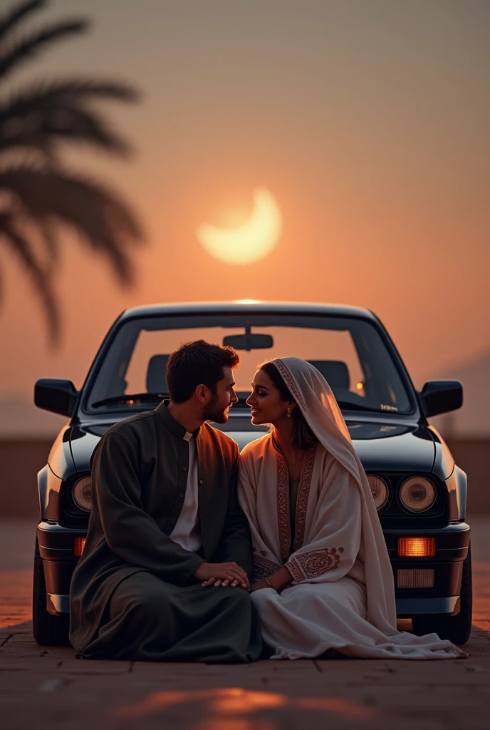 Beautiful women wearing black hijab, muscular Hindu pandit kissing, in car