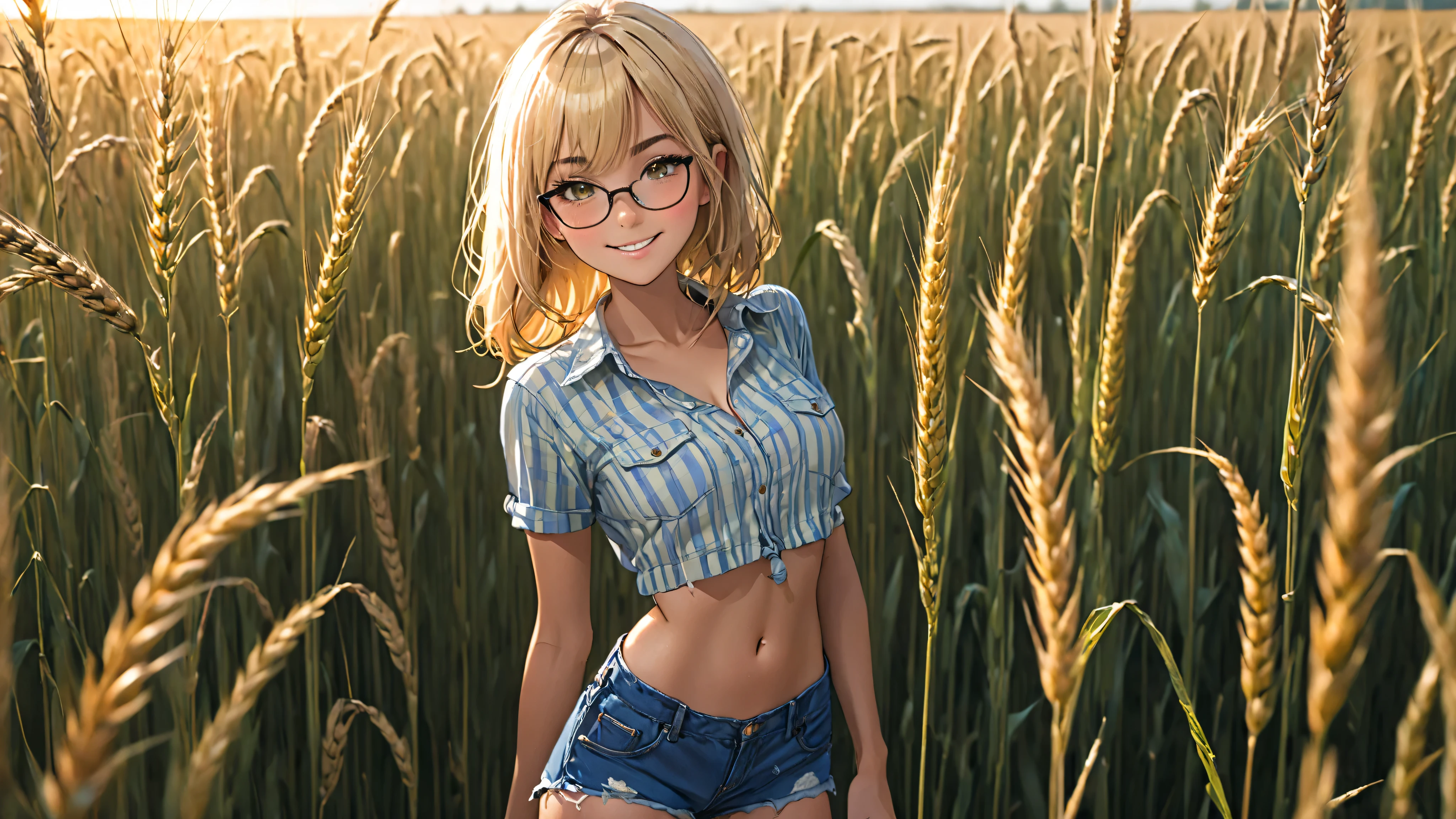 ((1girl)), ((solo)), (cute girl, young girl), ((dark skin)), ((Very tan)), (()), alone, little, sweet, ((beautiful face)), ((Large eyes)), ((smiling)), ((green eyes)), glasses, ((Blonde hair)), ((long hair)), ((bangs)), ((cleavage)), ((loose shirt)), ((Leaning over real close showing her breasts)), ((face close to the camera)), ((looking down her shirt)), nipple slip, ((shirt tied together)), ((unbuttoning her shirt under her breasts)), ((closeup)), upper body, slim waist, ((cowboy shot)), ((standing thigh high in a wheat field during sunset)), ((low-cut blue short shorts)), ((ripped shorts)), ((sexy pose)), ((navel)), ((pastel shirt)), seductive smile, birds flying in the distance, ((vibrant colors)), break There's a bright golden haze on the meadow, Oh what a beautiful morning, Oh what a beautiful day, I've got a wonderful feeling, everything's going my way,