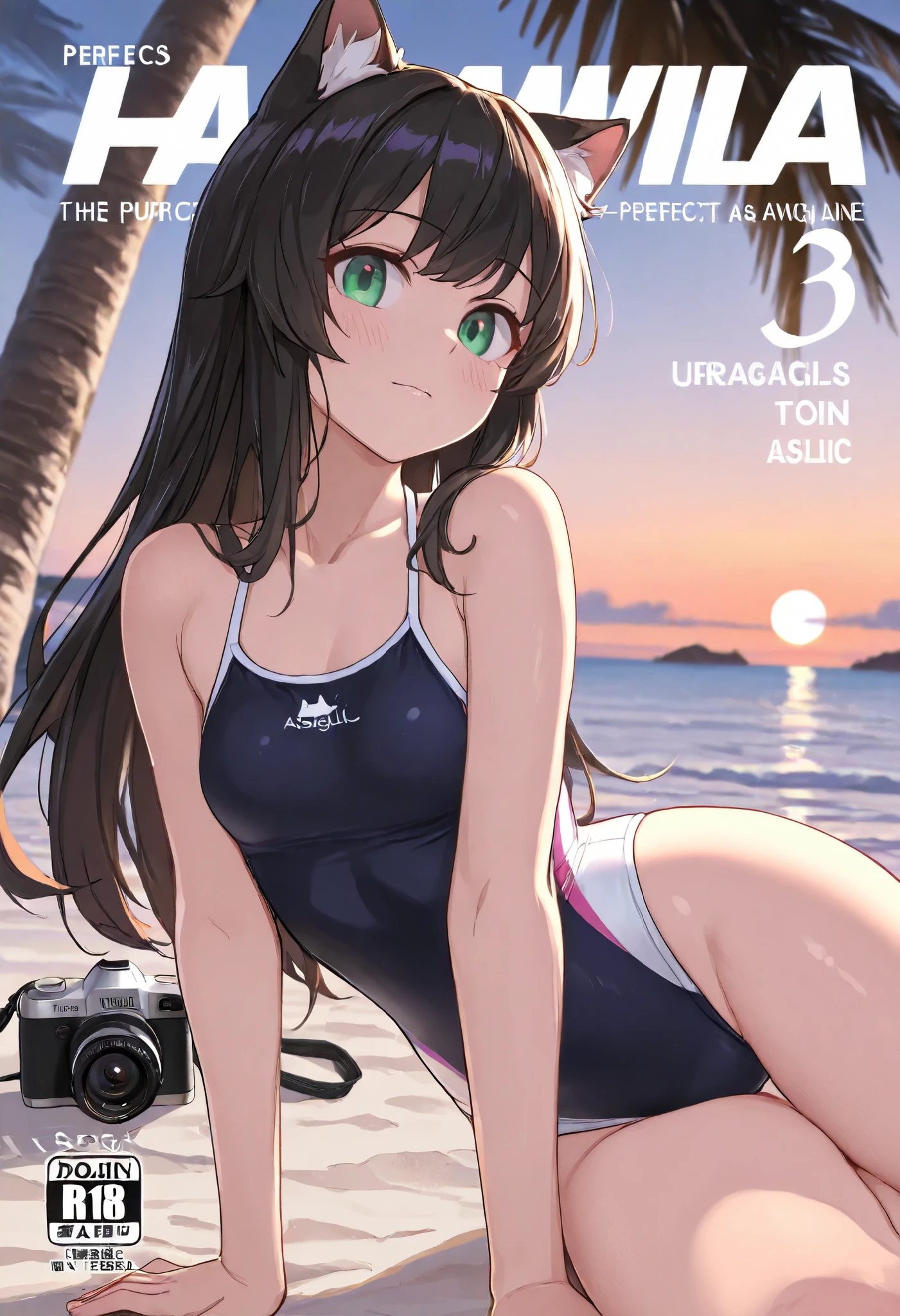 cover page, Hawaii's tourist magazine, highres, top quality, best quality, paid reward available, unparalleled masterpiece, perfect artwork, absurdres(angelic cute 1girl, cat girl)perfect anatomy, The best pose as a subject, seashore, Palm tree, Swim suit, pareu, twilight, concept, camera angle, good lighting,