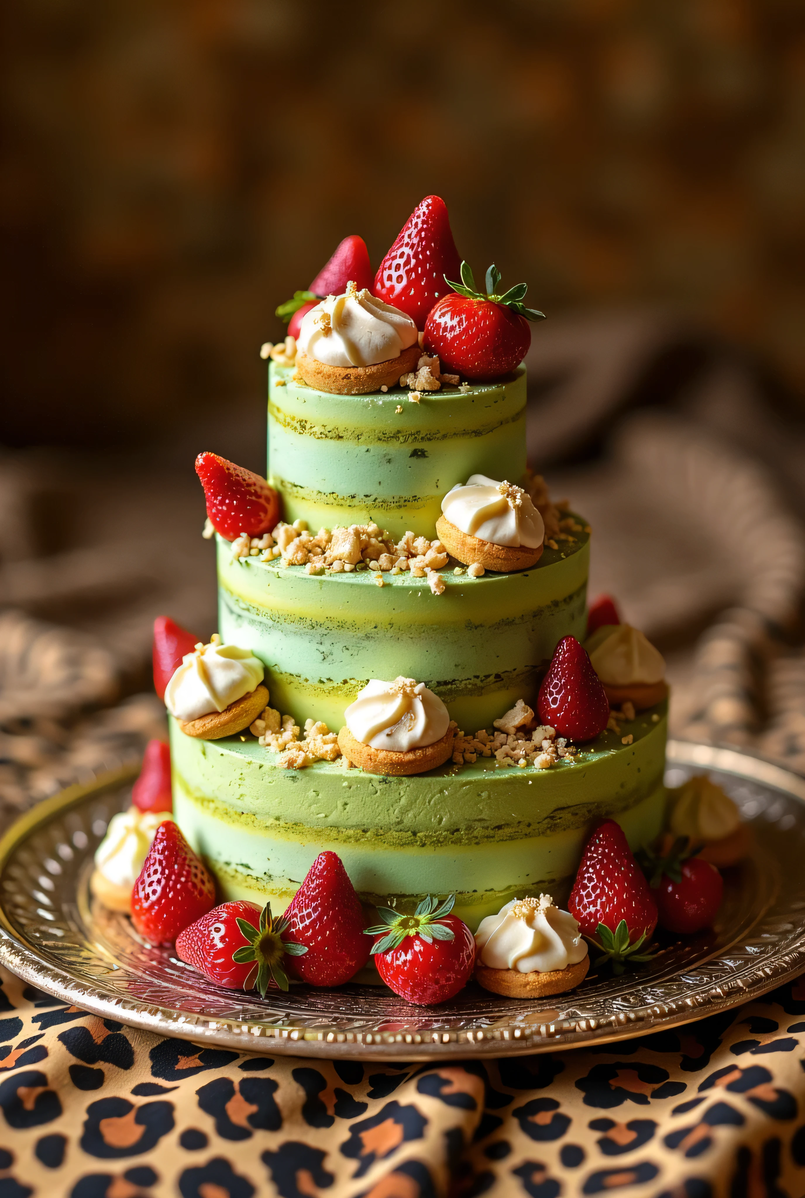 There is a beautiful large plate on the bed . Beautiful large pistachio cake decorated with creamy custard eclairs and strawberries. The bed is covered with a leopard print blanket