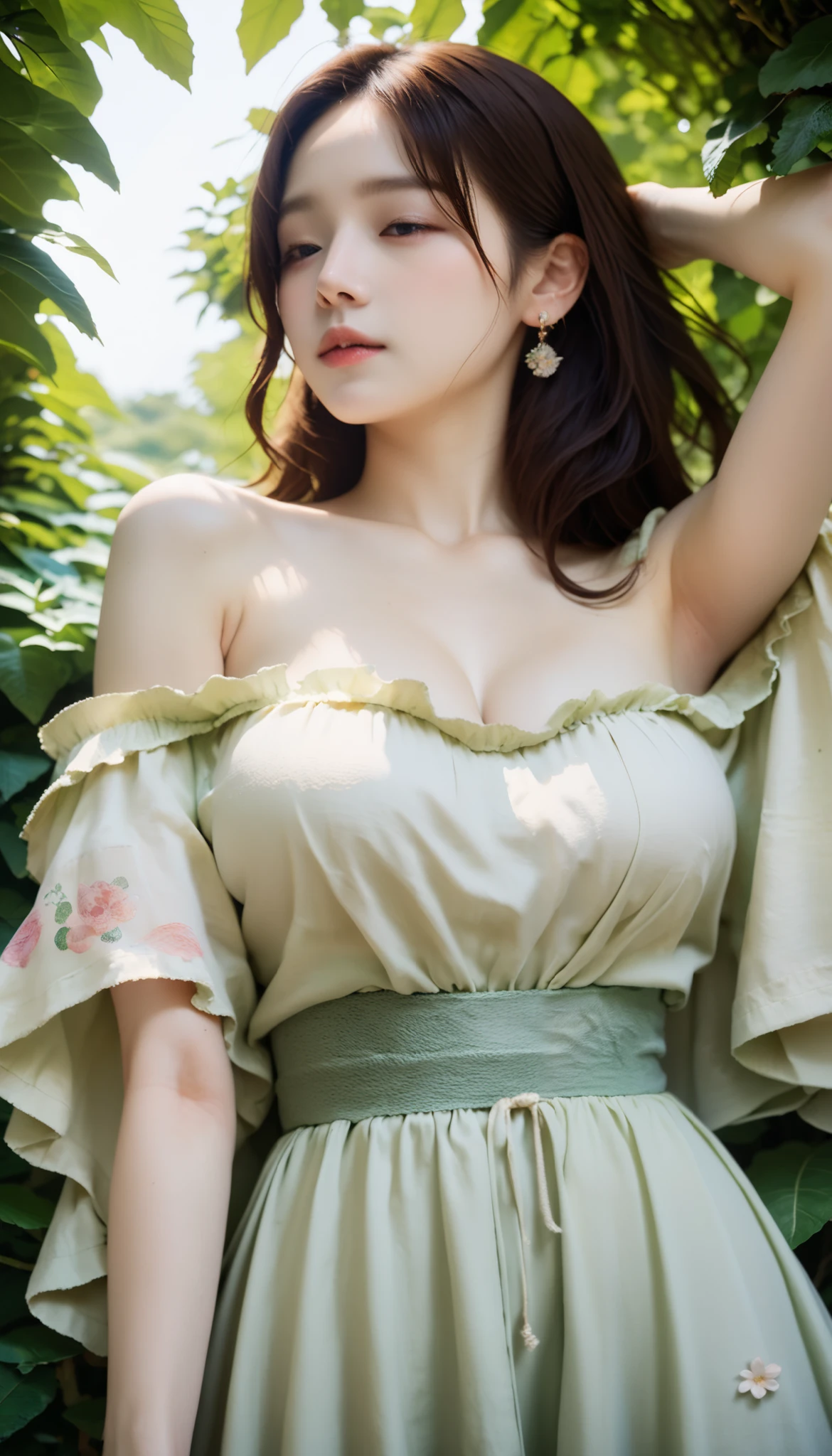 8k, masterpiece, Highest quality, close-up, low angle, long brown hair, Loose waves, Japanese girl, white skin, Big Breasts, gentle expression, olive green one-piece dress, off shoulder, Floral embroidery , Pastel Flowers々, Dangling Earrings , hand behind head, bend your elbows, Lush greenery, garden, soft writing, daylight.
