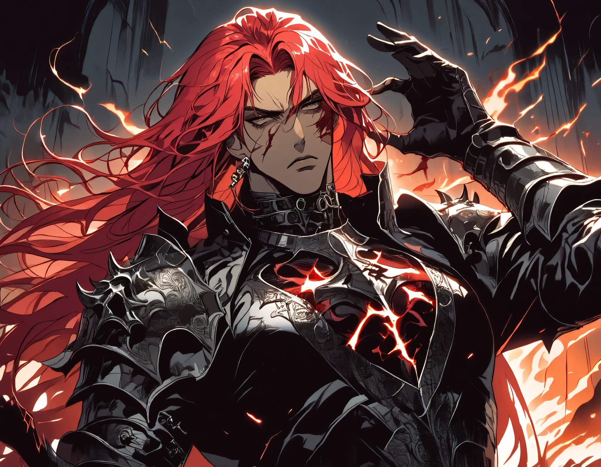 Man with red hair, dark skin, brown eyes, Solo, Long hair, dark bloody armor, Masterpiece, High quality, Illustration, Gothic, dark knight, spurts of blood, bursts of fire, rdynamic pose, ((broad chest)), ((cruel scene)), ((murder intention))