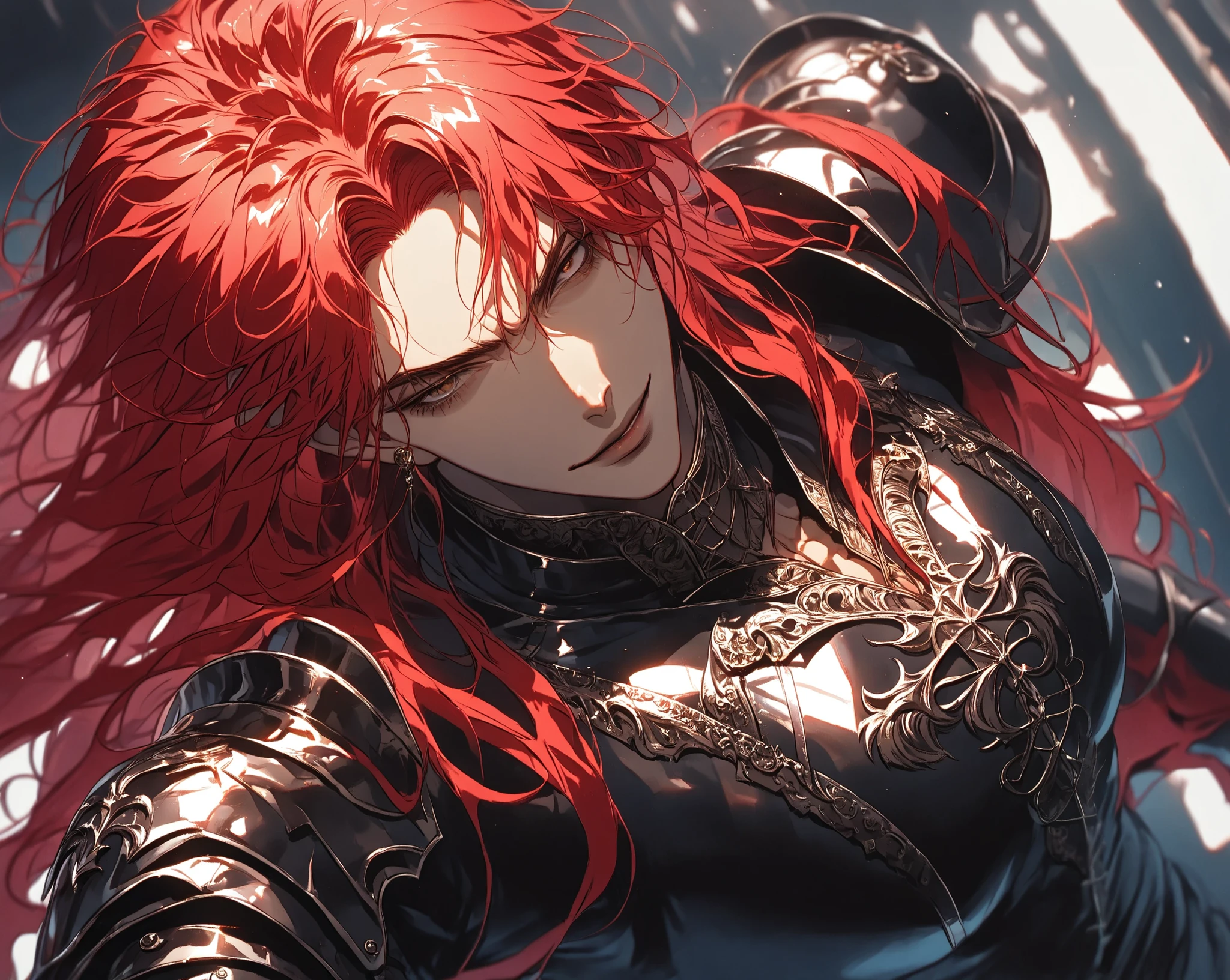 Man with red hair, dark skin, brown eyes, Solo, Long hair, dark bloody armor, Masterpiece, High quality, Shine, Background defocus, Fluorescence, Ray tracing, Illustration, Gothic, dark knight, spurts of blood, red hair, dynamic pose, top view, smirk, berserk, aged, ((broad chest)), bottom view, view from outside, view from above