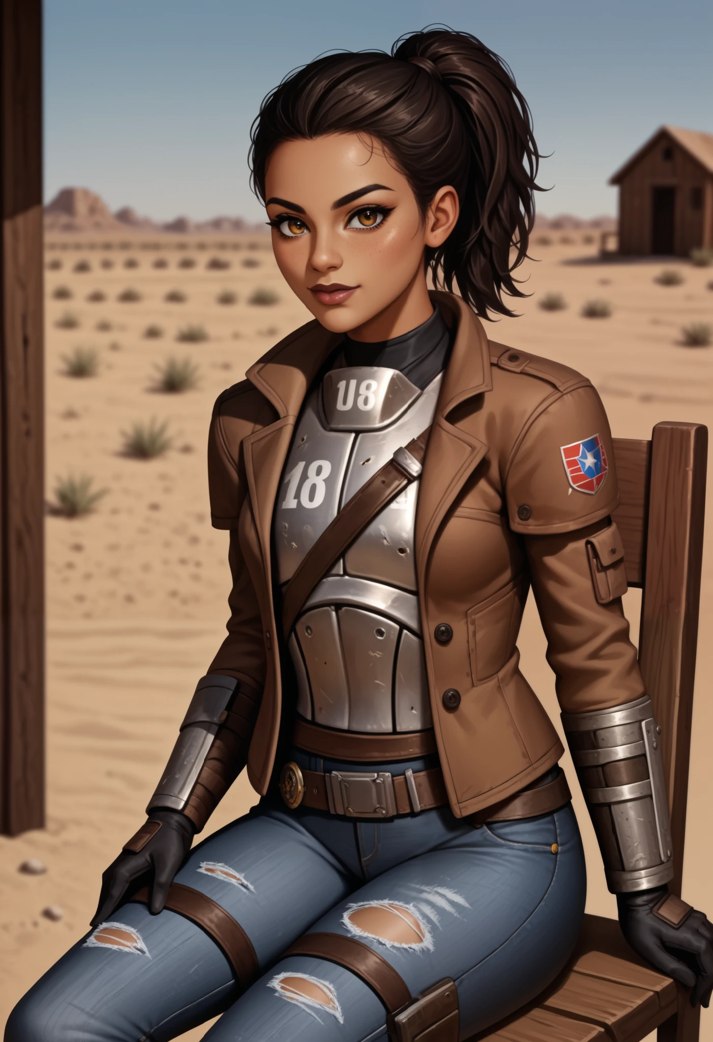 1girl, latina girl, caramel dark brown skin, brown lipstick, black hair, medium hair, sidelocks, ponytail, amber eyes, flat chest armour, desert ranger armour, fallout new vegas ranger attire, belt, torn jeans, gloves, brown jacket, gloves, desert, chair, hut, sitting, looking at viewer, cowboy shot score_9, score_8_up, score_7_up, score_6_up, score_5_up, score_4_up, BREAK source_anime, masterpiece