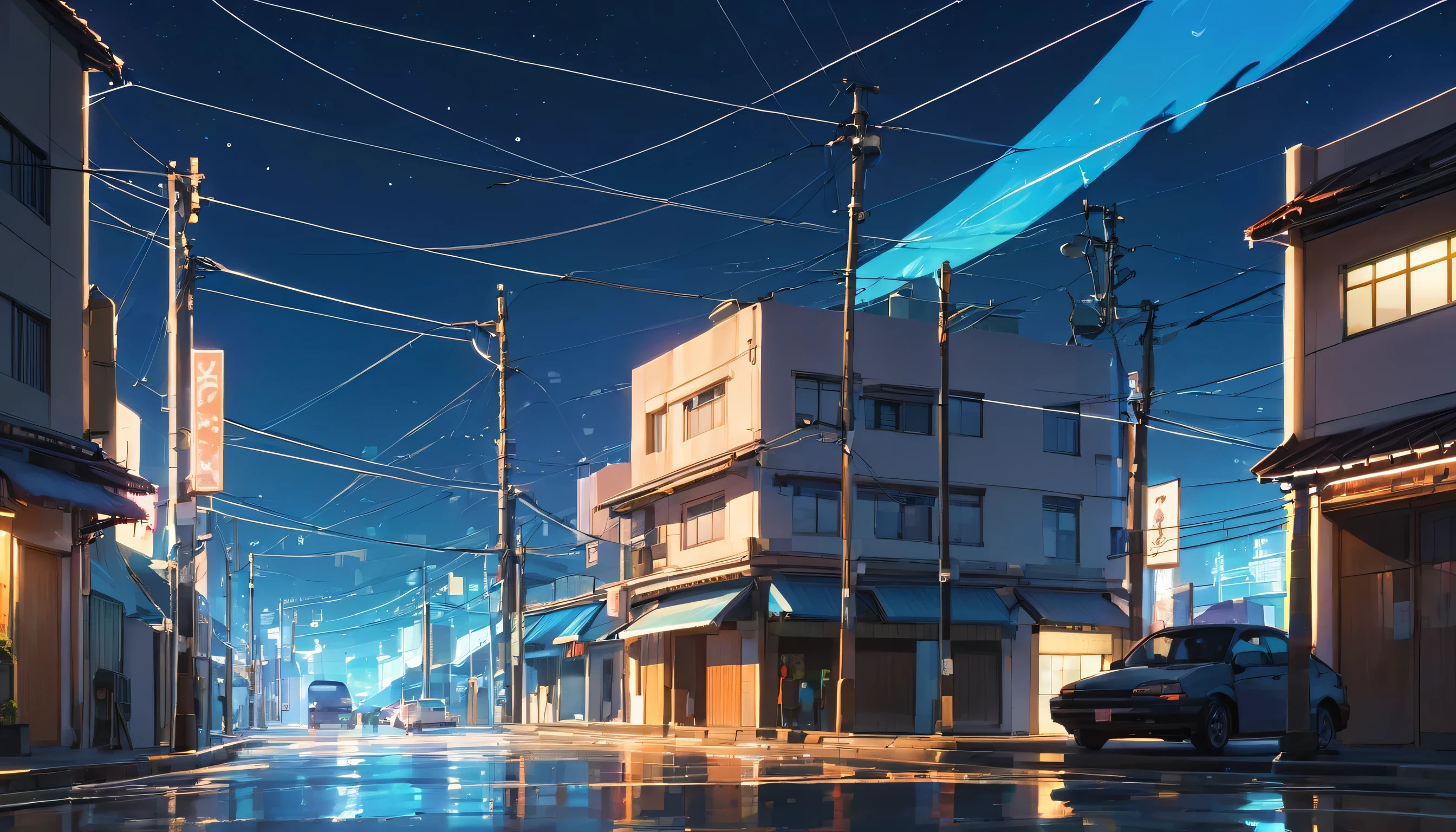 Um cenário urbano com luzes de néon, ruas tranquilas e um céu estrelado, noite, estilo anime ((makoto shinkai)), makoto shinkai	, background anime full hd, conceptual artwork, tumblr, magical realism, cute anime, anime full hd, anime movie backgrounds, cloudy sky