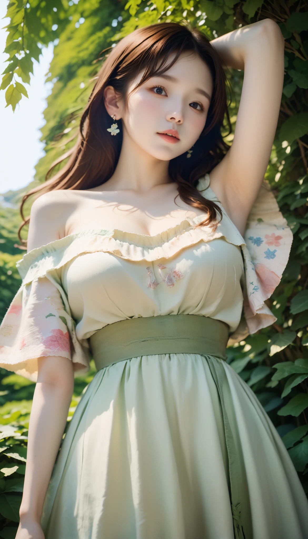 8k, masterpiece, Highest quality, close-up, low angle, long brown hair, Loose waves, Japanese girl, white skin, Big Breasts, gentle expression, olive green one-piece dress, off shoulder, Floral embroidery , Pastel Flowers々, Dangling Earrings , hand behind head, bend your elbows, armpits with Miki, Lush greenery, garden, soft writing, daylight.