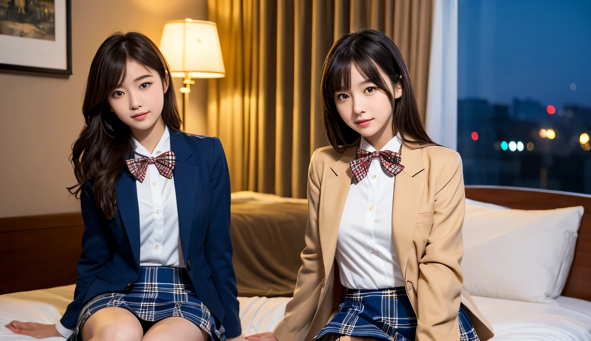 Two beautiful young Japanese high school girls, beautiful face and eyes ,((( camel brown blazer ))),(((white blouse))), ),(((Red bow on the neck ))), (( brown and blue plaid skirt )), navy socks, detailed face and eyes , Detailed uniform ,beautiful girl, cute dynamic pose ,photorealistic,8k, detailed texture ,sit side by side in a luxury hotel bed,Night view changes to the window in the background ,Highest quality,4K,8k,High Resolution,( Masterpiece 1 .2),(realistic,photorealistic,photo-realistic 1.37),超High Resolution,High Resolution,超High Resolution,STUDIO LIGHTING, super fine paint ,sharp
