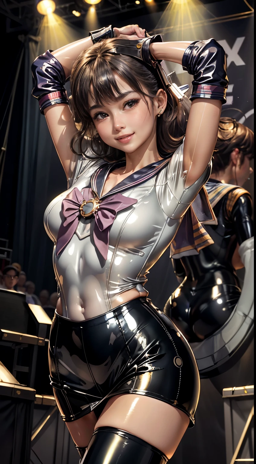 masterpiece, best quality, extremely detailed CG unity 8k wallpaper, (Upper Body head close-up shot of a beautiful little girl), ,, (Mckenna Grace), (flat chest,thighs), (brown-red) golden (Glittering tutu,long Bunny Ear Headgear, , Bow-tie, No panties, genitals visible), (spread legs), (Blush), oil skin, (seductive smile), (Wonderland), pretty face, key art, award winning, intricate detail realism hdr, by (ruan jia and artgerm and range murata), Photorealism, Hyperrealism, ultra realistic, dramatic light, intense shadows, gorgeous view, depth of field