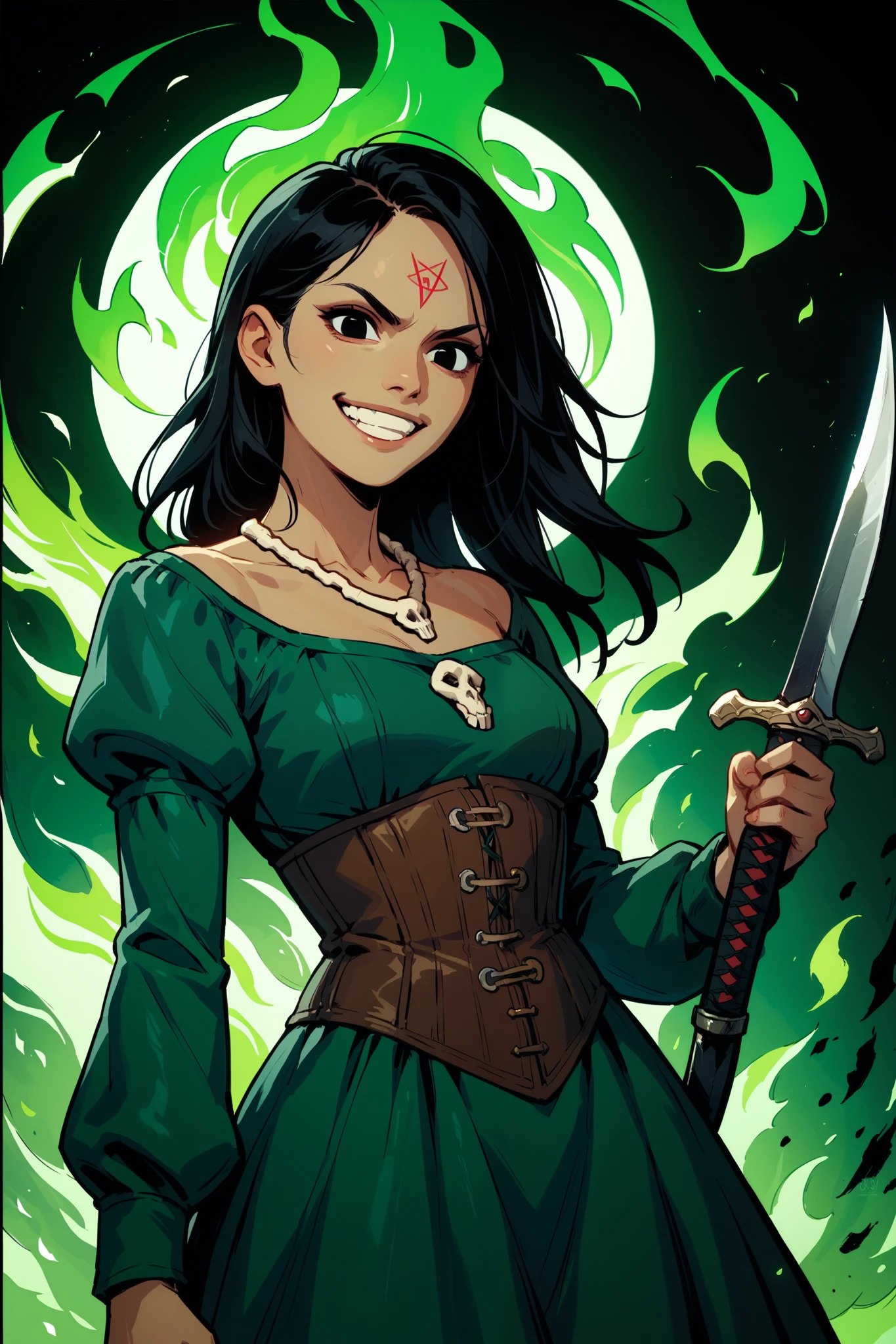 woman, solo, female, pale skin, black hair, black eyes, wearing a tan corset, dark green dress, long sleeves, animal bone necklace, wielding a black dagger evil grin, summoning green flames, standing in dimly lit foyer, fantasy art, 