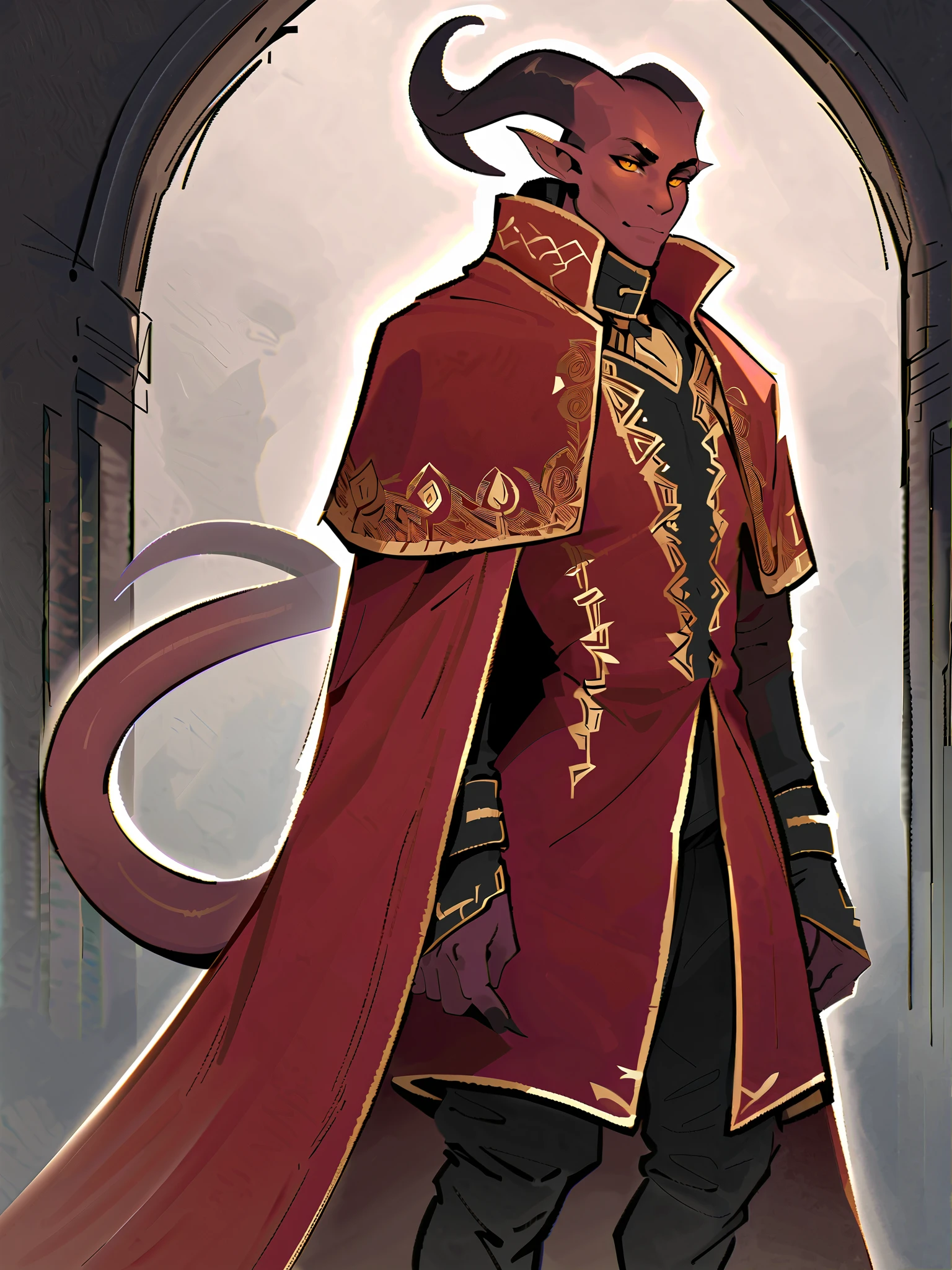 Red tiefling, dark red skin, male, balck horns, solo, facing viewer, blank background, fashion, fantasy fashion, slender build, red cloak, maroon, gold embroidery, coat tails dipped in gold, high rise collar, gold embroiderd