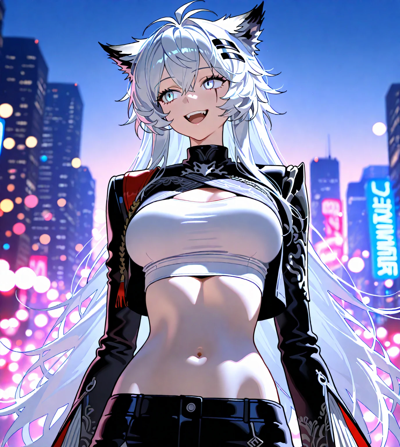 (Cool policewoman.Well-formed face.Tall.A very muscular, thin body.Beautiful six pack abs.Big eyes.Beautiful blue eyes.White Hair.Boyish medium-long hair with a center part.I can see your forehead.Heavy eye makeup.Dark lipstick.Tight waist.Very large breasts.Very large breastsの谷間.Beautiful pale pink areola.Firm skin).(A small, see-through white leotard.Nipples are visible.Black leather boots with lots of belts.Cat Ears).(Skyscraper rooftop.Futuristic City.Late Night.I can see the city at night.sitting on a marble chair.With legs apart.My hair is blowing in the wind.Smiling thinly.Sticking out tongue)Perfect Face.Accurate human body.Accurate 5 fingers.High resolution.Full body image