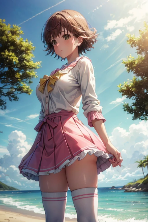 one personの女性, one person、I could see the whole body、 ((short hair)), ((brown eyes, beautiful eyelashes, realistic eyes)), ((detailed face, blush:1.2)), ((smooth texture:0.75, realistic texture:0.65, realistic:1.1, Anime CG style)), ((glamorous body)),(( big breasts)), dynamic angle, perfect body,  ((purple transparent bow, red skirt))、(Hotel stairs)、It&#39;s windy、(Very embarrassing panic smile)、looked back、I can see her ass sticking out in front of me...、Angle looking up from the bottom of the stairs、 (((The wind flipped up my skirt、My butt is now completely visible...、Pink floral panties)))、((table top, highest quality, High resolution, perfect pixel,  4K,))), 