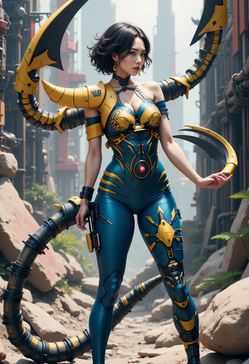 Cartoon photo of woman in colorful costume、Hot Octopus Humanoid Female、kook、Guyver Style、SFW version、Scarabeleploid、tail、Cel Shade Adult Animation、Alien Queen、bewitching