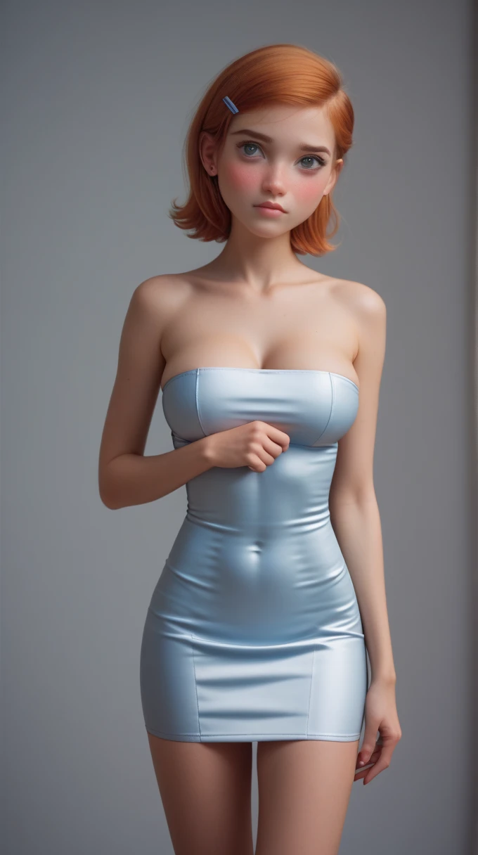 (whole body:1.5),octane rendering, 8K, best quality, masterpiece, backlit scene, single light,illustration, extremely delicate and beautiful, detailed,extremely detailed,CG,Unite,wallpaper,Astonishing, fine details, realistic art: 1.2 ,masterpiece, best quality, official art, extremely detailed CG Unite 8K wallpaper,1 girl .wearing a fancy navy blue dress, 16 years old, ,in a dirty bathroom,  skinny body, shocked facial expression,, wide open eyes, green eyes, orange hair, widows peak, pretty symetrical face, shiny wet skin, white skin, lots of freckles, pale complexion, thin waist, narrow hips, long legs, skinny body, small breasts, , Realistic photos, (hiqcgbody) ,perfect female figure,