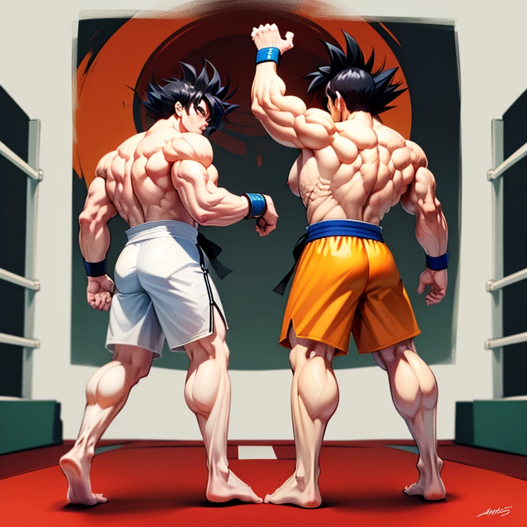(Eine detaillierte Zeichnung von Son Goku, bodybuilding gym.), shirtless, barefoot, Muay Thai、catfight、Pro Wrestling、Steig in den Ring、Spurling (Spuren)、Cross counter、Kampfsport、Kommando Sambo、Position der Halterung、Gelenktechnik、Oberer Spinning-Kick