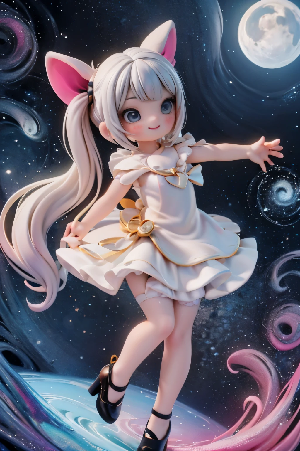 a cute ite cherub flying across the sky grabbing a sprakling star in her hands, bright sparkling eyes, white large hair, hairbows, intense smokey eyes makeup, intense blush, beautiful moon theme dress, white hosiery, white patent leather pumps, sparkling stars on the night sky, dynamic pose, surrealistic scene, magical atmosphere, fantasy surreal art style, night starry sky, angle from below, low angle, focus footwear. Plum loli