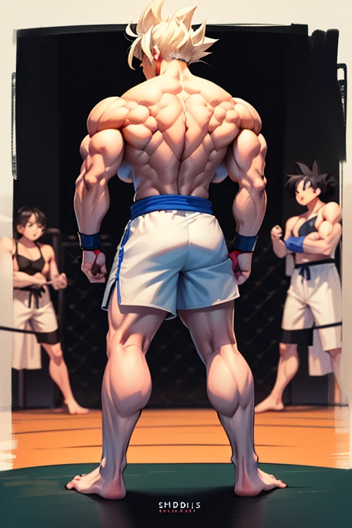 (Eine detaillierte Zeichnung von goku, Bodybuilding-Fitnessstudio.), With a naked torso, Ripping clothes, the strongest of all, huge muscular body, big Bizeps, big shoulders, Muskelbeine,Abs, Barefoot, Kampfkunst, hoher Tritt, Full body image, Rear view, seitliche Brust, knirschen, beserk