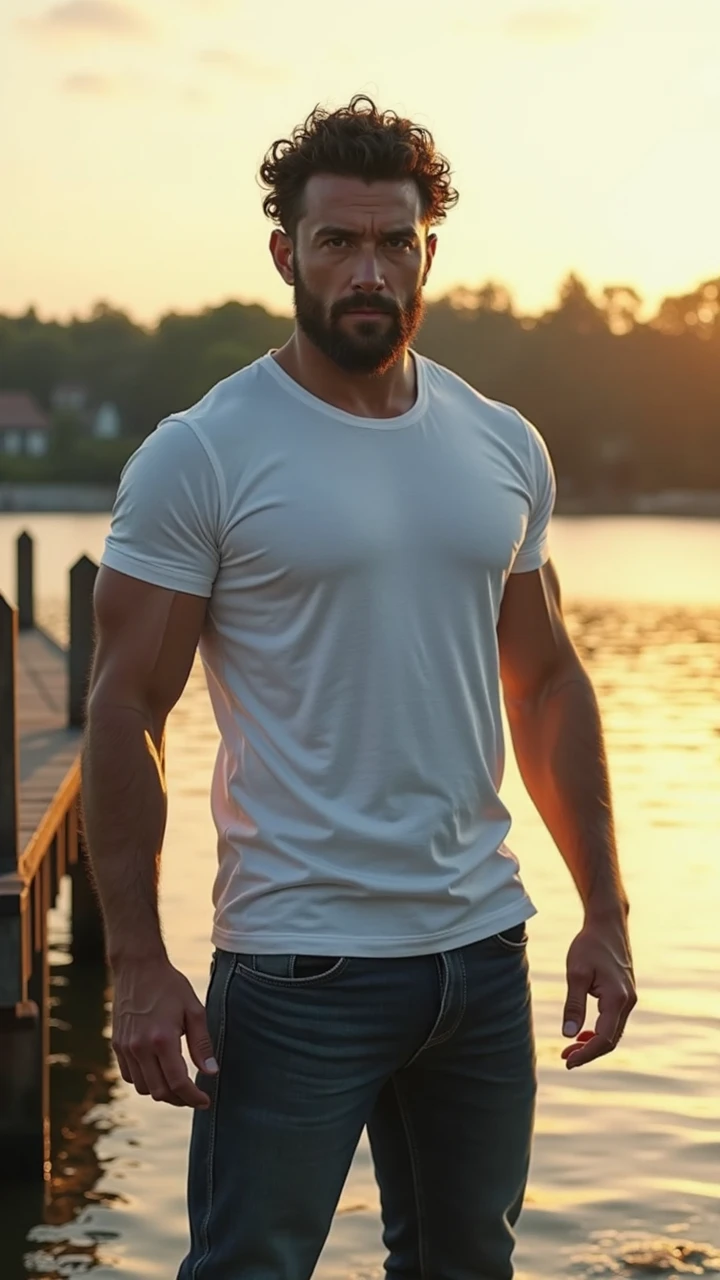 Masterpiece, denoise, void noise, one man, best quality, 8k resolution, male focus, focus only, amazing composition, volumetric lighting, super quality, elegant, Very detailed, front view, -----------, muscular, (pale skin), ((((((Caucasian white man)))))), very handsome, (detailed light-blue eyes), ((messy hair)), big ears, (hairy), scruffy beard, ((big pink nipples)), ((perky nipples))  ------------, (((beach shorts))), (((light-colored mesh hawaiian shirt))), (((hands opening shirt))), (((sitting, legs open))), (((facing viewer))), (((looking at viewer))), bulge