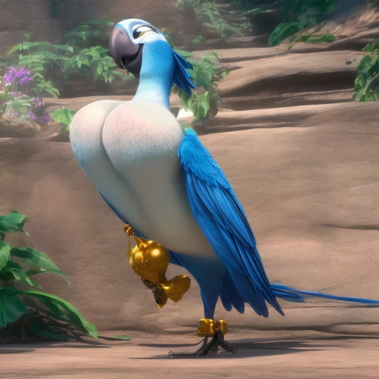 Nsfw, rio movie, Blu a male Spix macaw, solo, feathered body, macaw, bird body, chubby body, brown eyes, ((anthro)), digitigrade legs, ((tapering penis and testicles)), standing, smiling, jungle landscape, daytime, looking at his penis